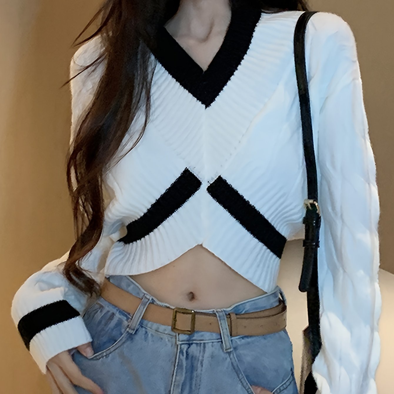vlovelaw Color Block V Neck Pullover Sweater, Casual Long Sleeve Drop Shoulder Sweater, Women's Clothing