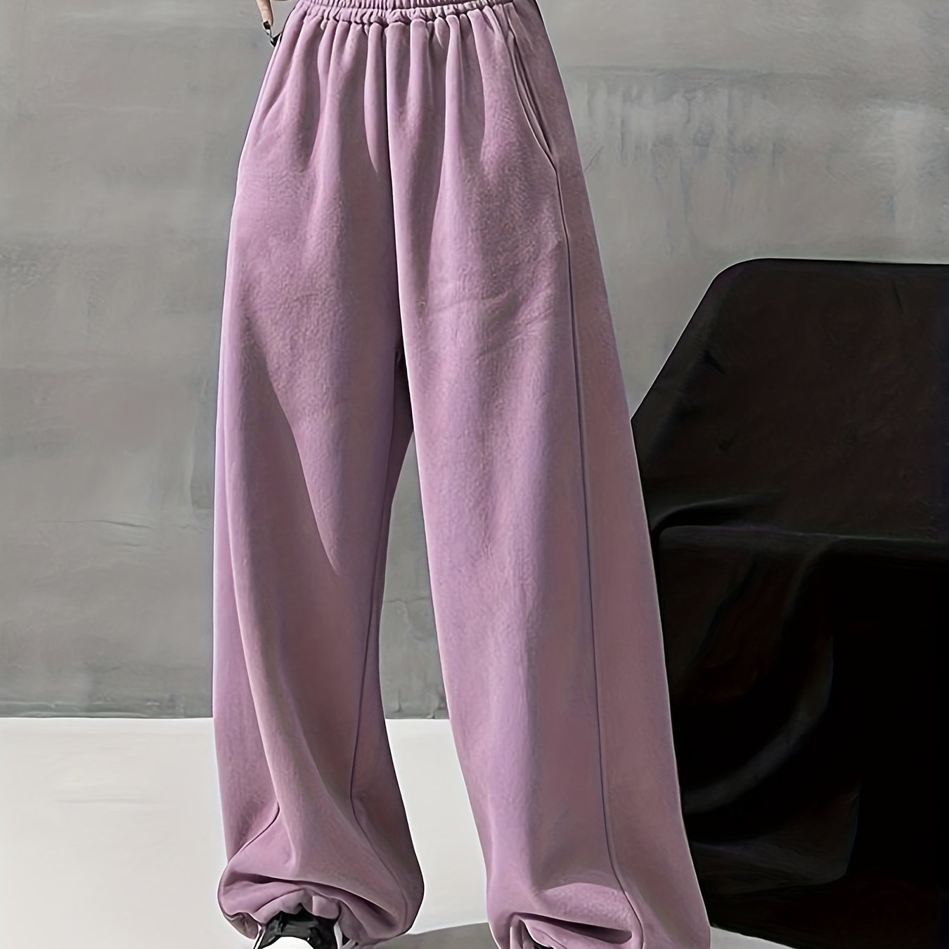 vlovelaw Solid Comfy Wide Leg Pants, Casual Elastic Waist Loose Pants With Pocket, Women's Clothing