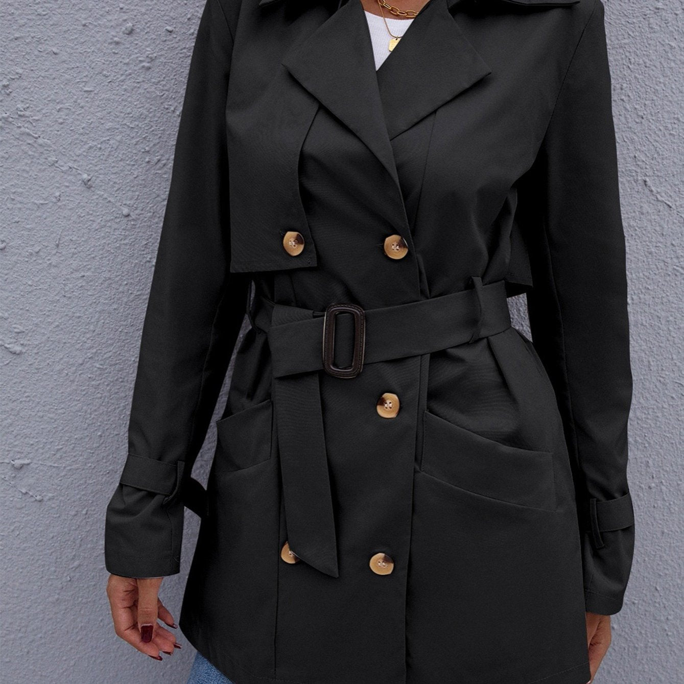 vlovelaw Double Breasted Long Trench Coat, Long Sleeve Windproof Classic Lapel Slim Belted Outerwear, Women's Clothing
