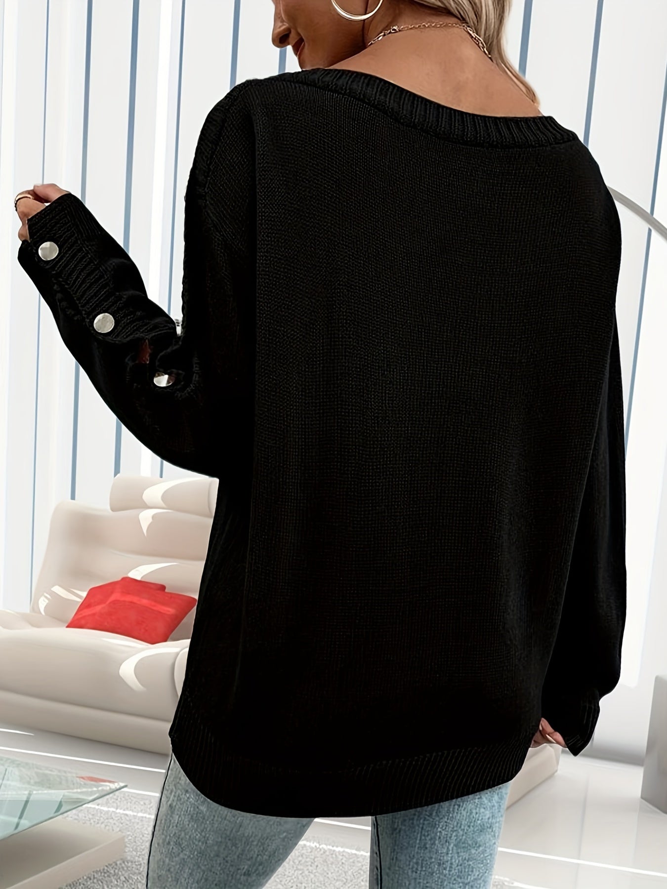 vlovelaw Solid Button Long Sleeve Sweater, Casual Loose Pullover Sweater For Fall & Winter, Women's Clothing