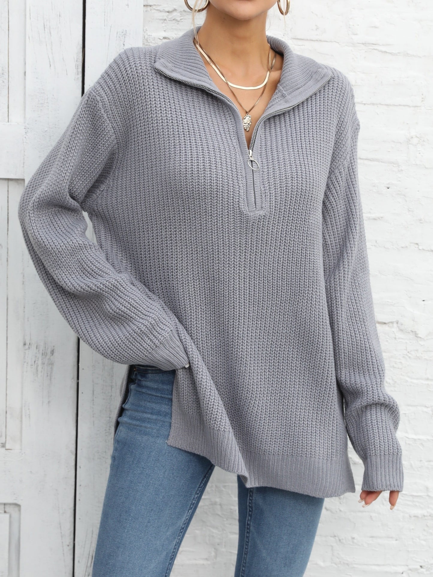 vlovelaw Long Sleeve Half Zip Sweater, Side Slit Casual Sweater For Winter & Fall, Women's Clothing