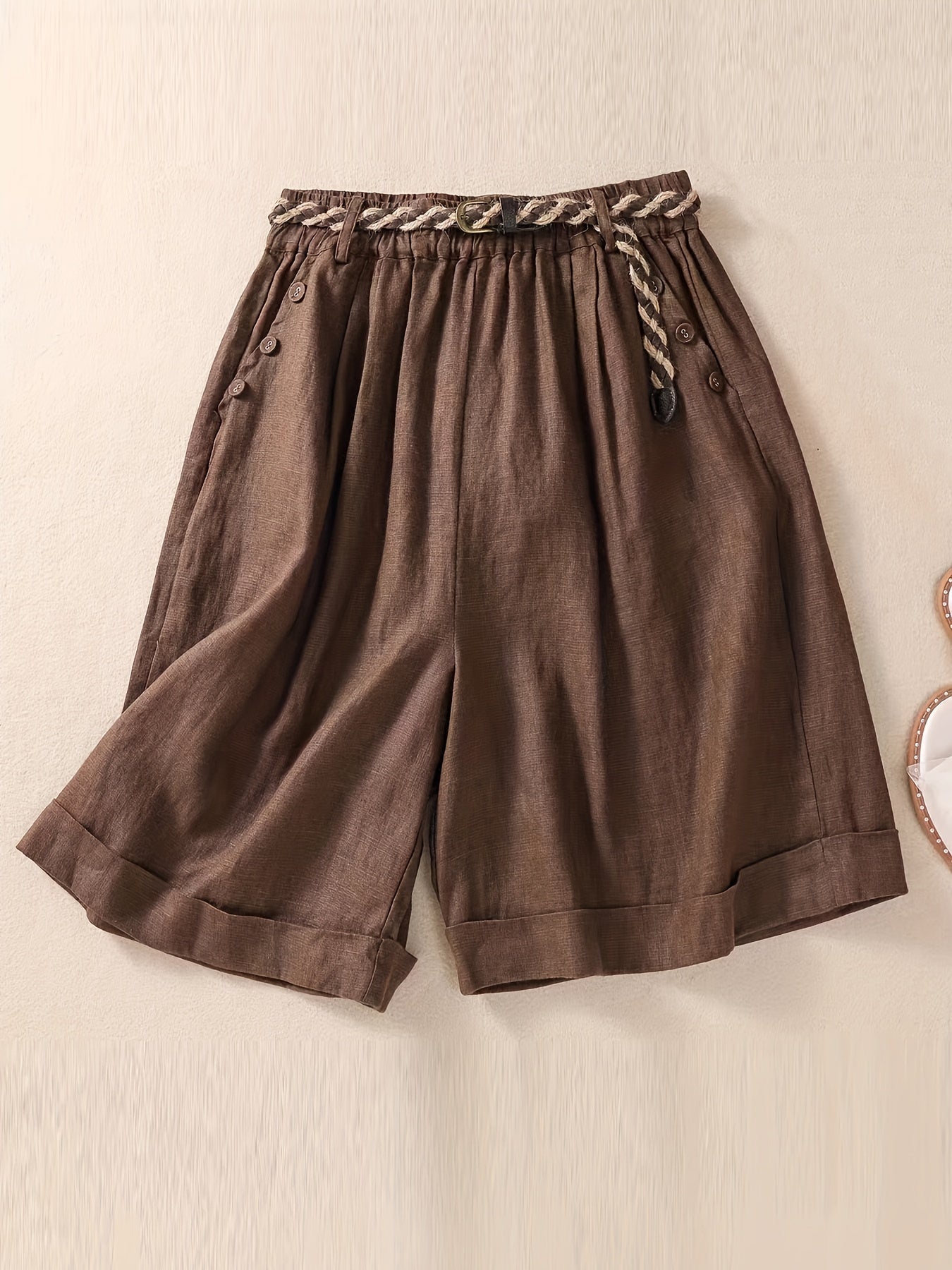 vlovelaw  Slant Pockets Belted Rolled Shorts, Casual Button Decor Loose Shorts For Spring & Summer, Women's Clothing