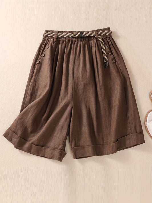 vlovelaw  Slant Pockets Belted Rolled Shorts, Casual Button Decor Loose Shorts For Spring & Summer, Women's Clothing