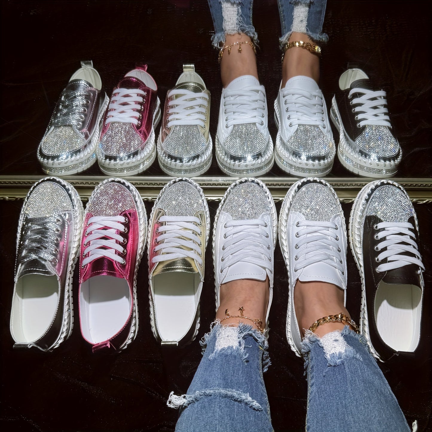 vlovelaw Women's Rhinestone Flat Sneakers, Fashion Round Toe Lace Up Low Top Skate Shoes, All-Match Outdoor Trainers