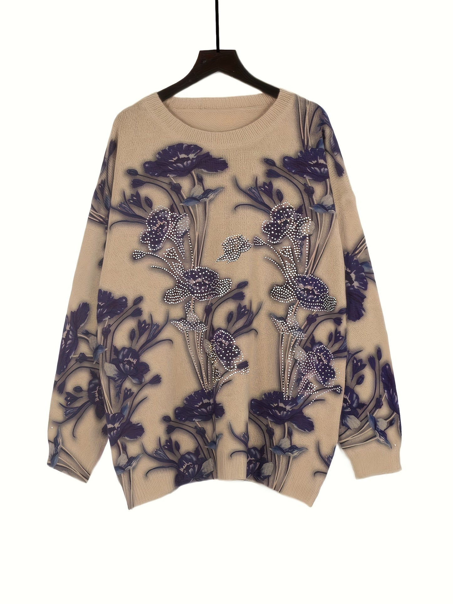 vlovelaw Floral Pattern Beaded Sweater, Casual Vintage Crew Neck Long Sleeve Pullover Sweater For Fall & Winter, Women's Clothing