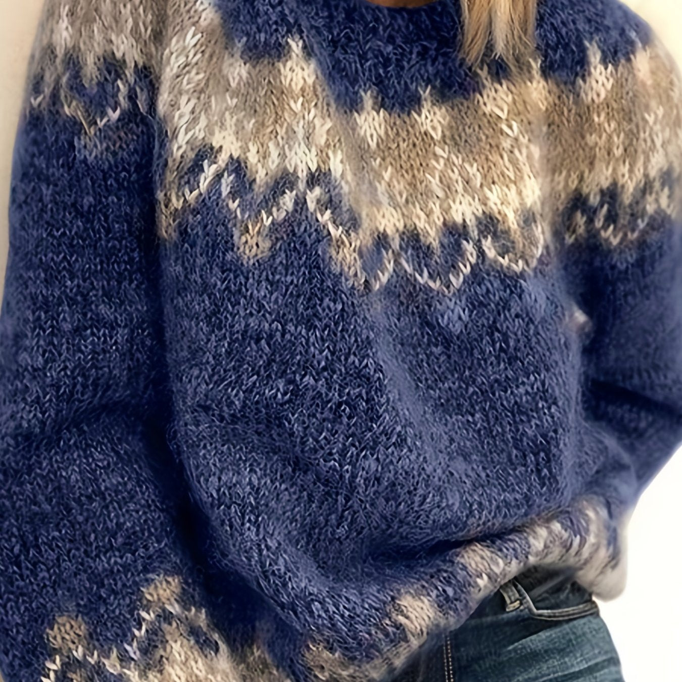 Color Block Mohair Chunky Knit Pullover Sweater, Casual Long Sleeve Raglan Shoulder Sweater For Fall & Winter, Women's Clothing