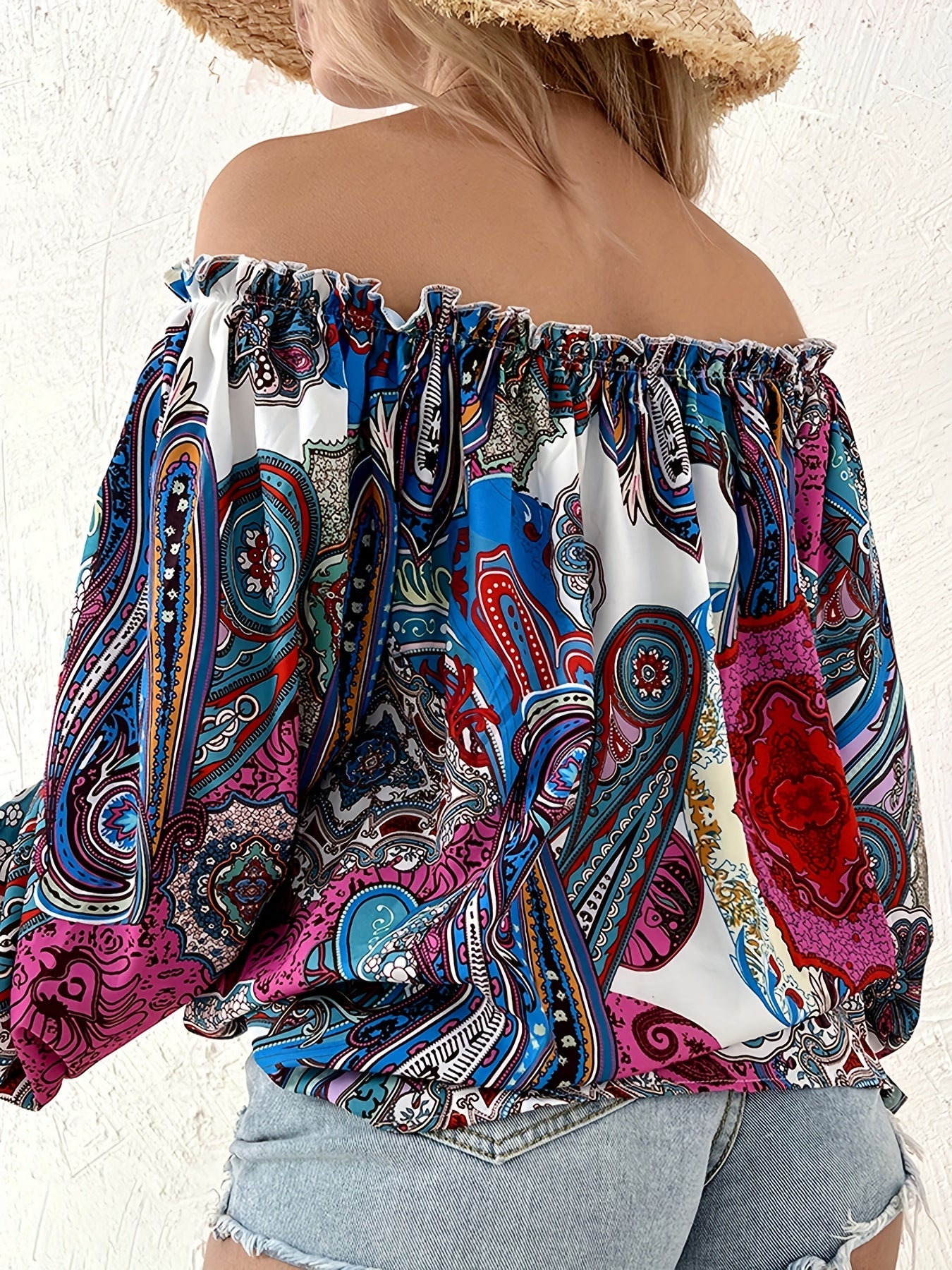 vlovelaw Paisley Print Off Shoulder Blouse, Casual Long Sleeve Blouse For Spring & Fall, Women's Clothing