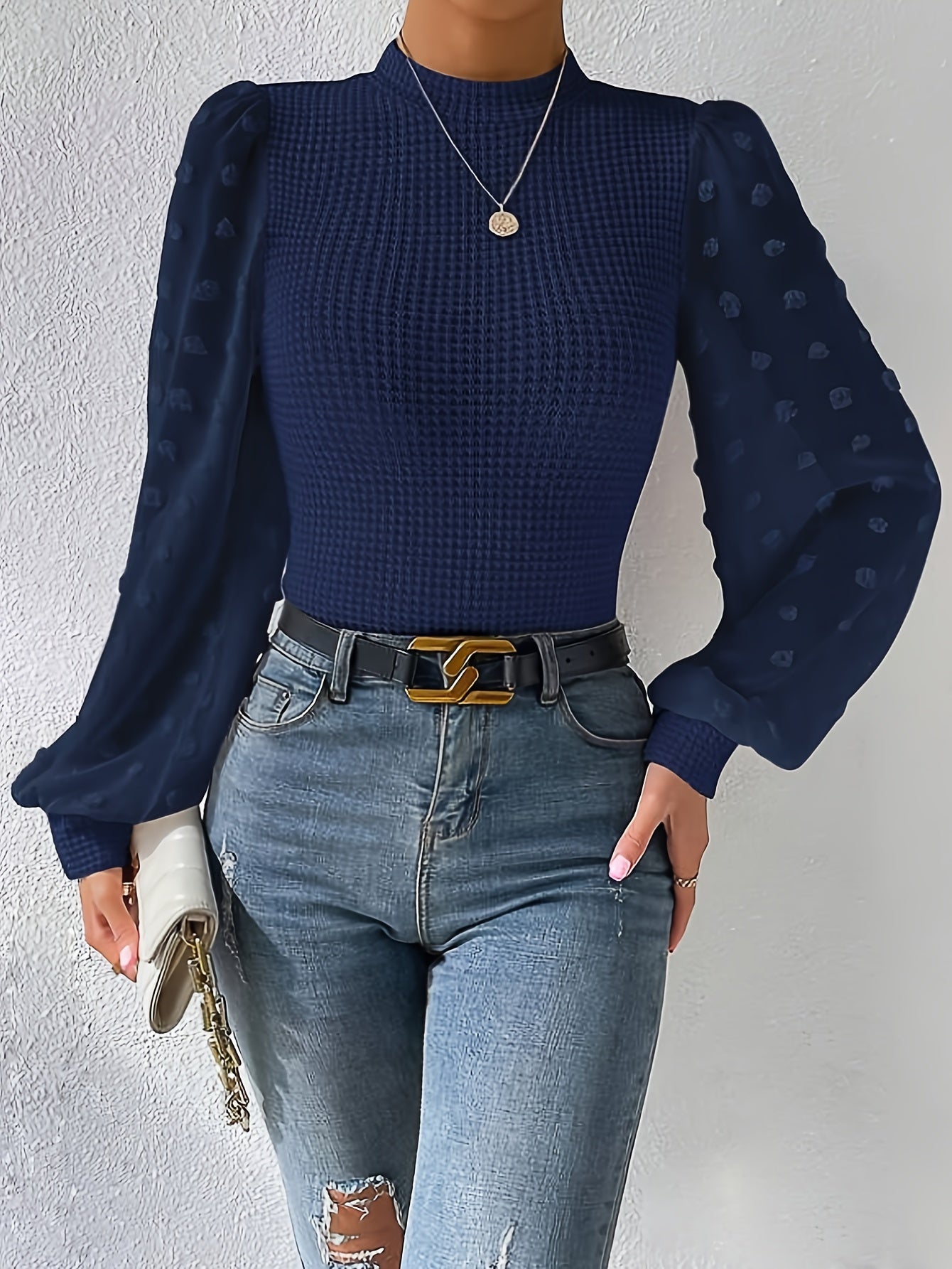 vlovelaw Textured Lantern Sleeve Top, Elegant Mock Neck Top For Spring & Fall, Women's Clothing