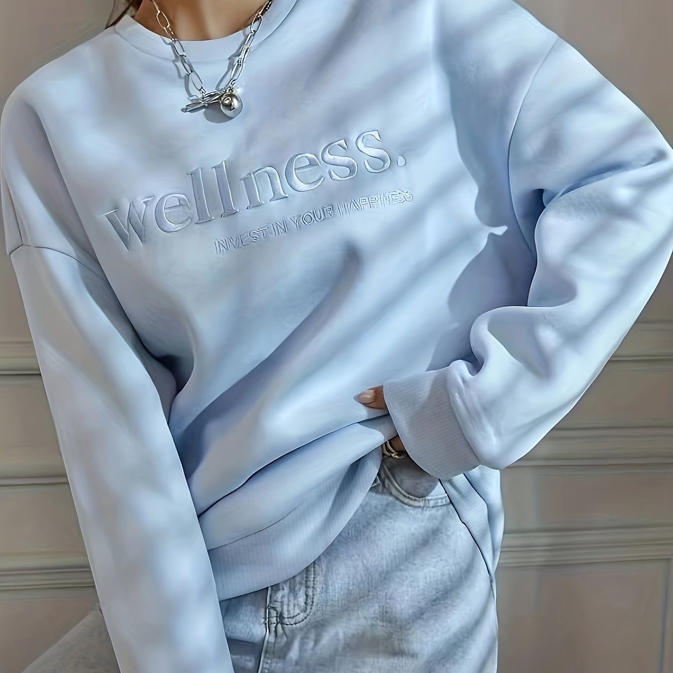vlovelaw Pullover Letter Embroidery Sweatshirt, Casual Long Sleeve Crew Neck Sweatshirt For Fall & Winter, Women's Clothing
