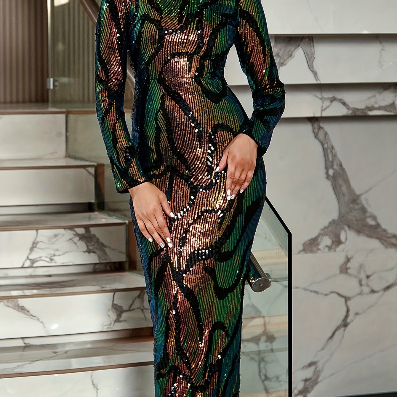 vlovelaw Sequin Mock Neck Bodycon Dress, Vintage Long Sleeve Dress For Spring & Fall, Women's Clothing