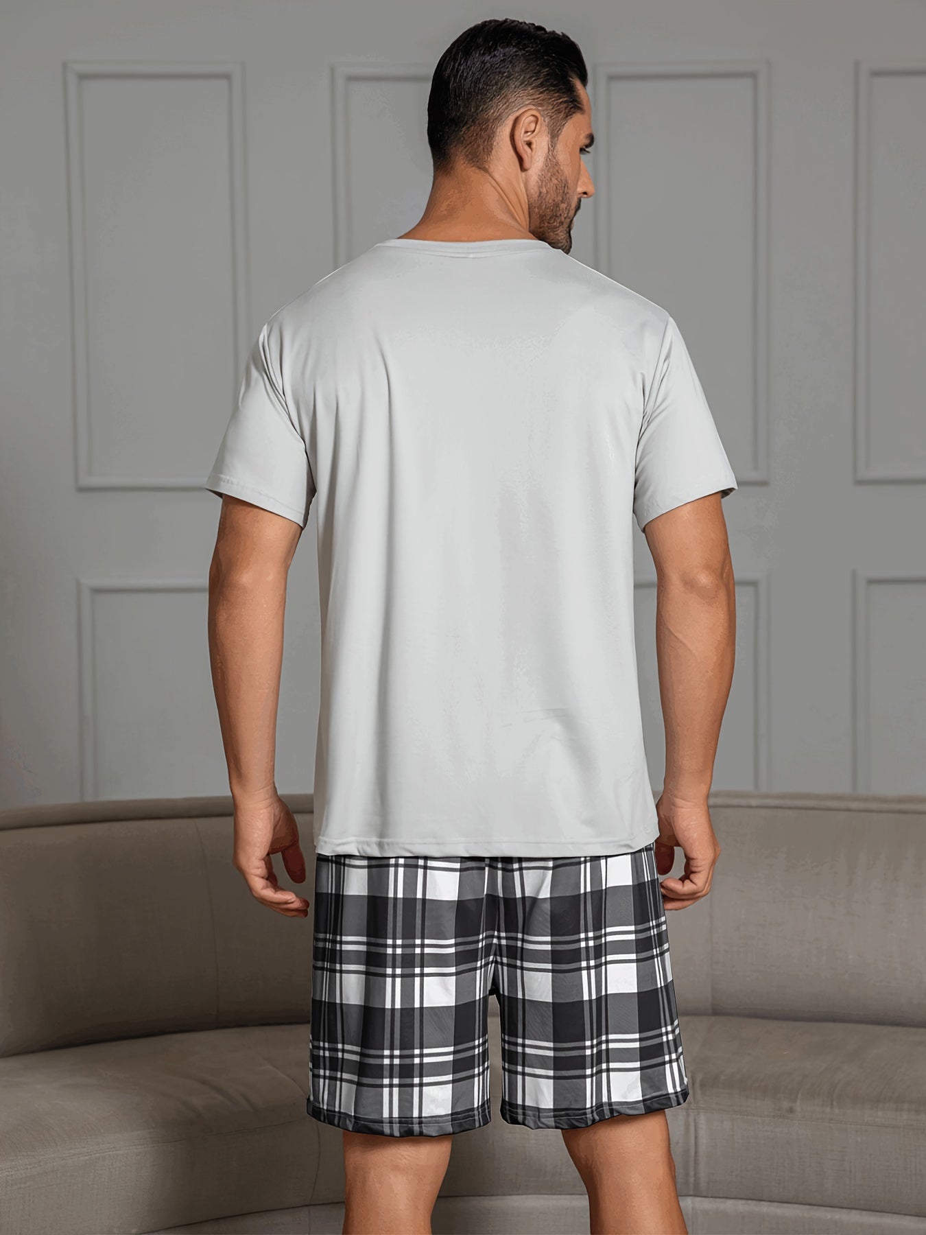 Mens Pajama Set - Relaxed Casual Style with Unique Grey Letter Print and Plaid Shorts, Ultra-Soft and Comfortable for Home and Outdoor Wearing, Perfect for Summer Season