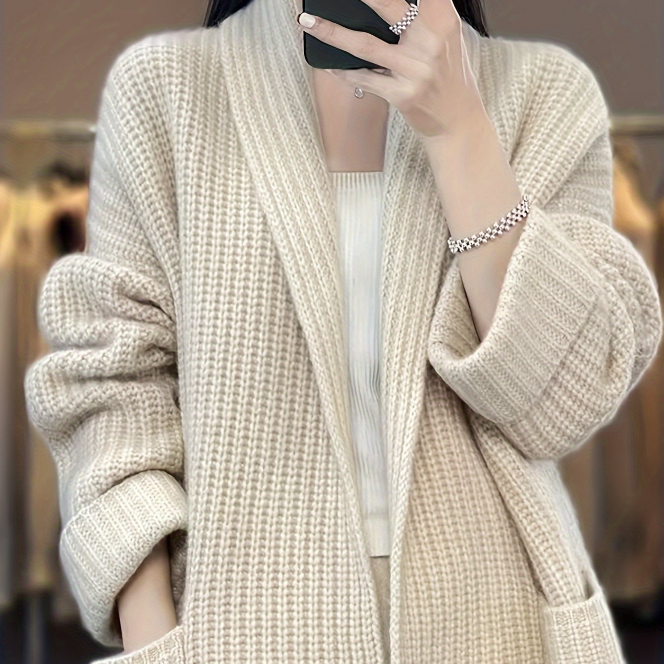 vlovelaw Solid Open Front Knit Cardigan, Casual Long Sleeve Oversized Sweater Coat With Pocket, Women's Clothing
