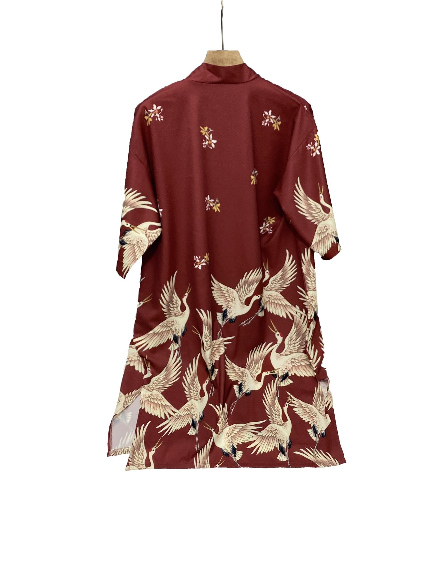 vlovelaw Crane Print Split Kimono, Elegant Open Front Long Sleeve Coat For Spring & Fall, Women's Clothing