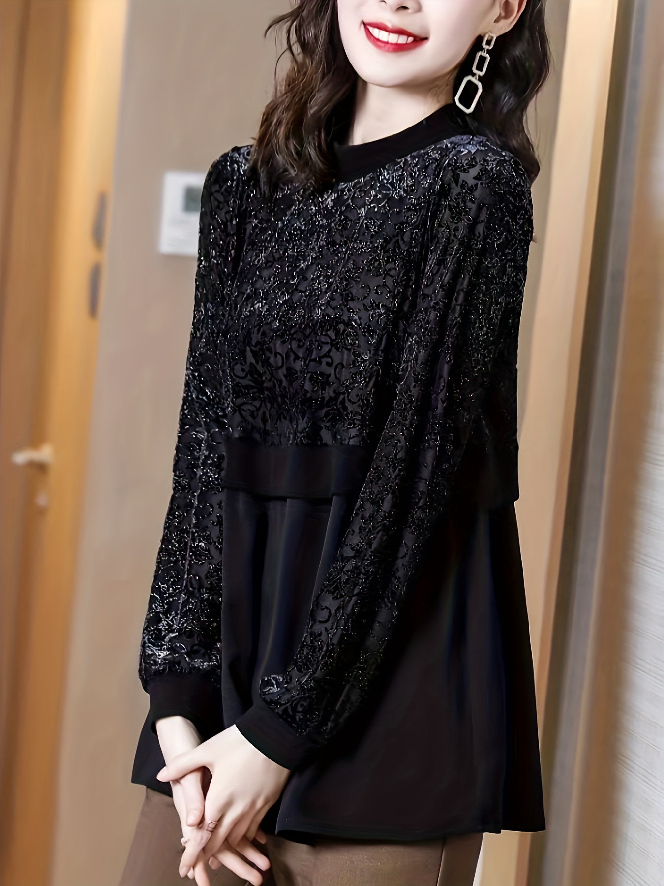 vlovelaw Floral Pattern Blouse, Elegant Crew Neck Long Sleeve Blouse, Women's Clothing