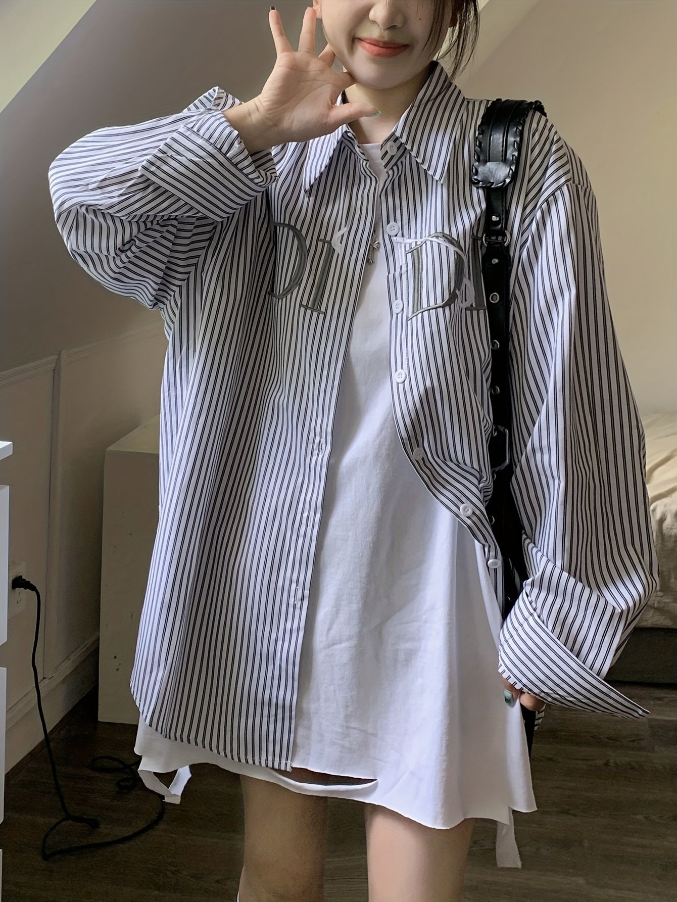 vlovelaw Letter & Stripe Pattern Shirt, Casual Button Front Long Sleeve Shirt, Women's Clothing