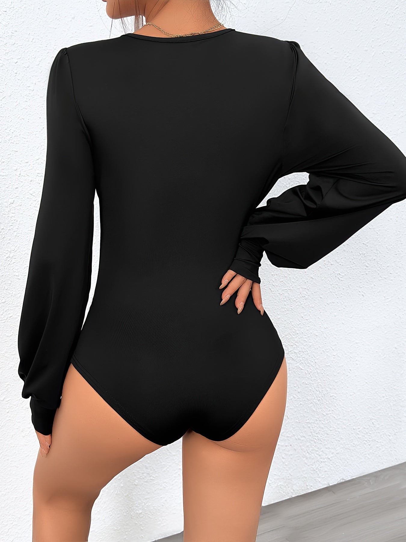 vlovelaw Solid Crew Neck Bodysuit, Elegant Lantern Sleeve Slim Bodysuit, Women's Clothing
