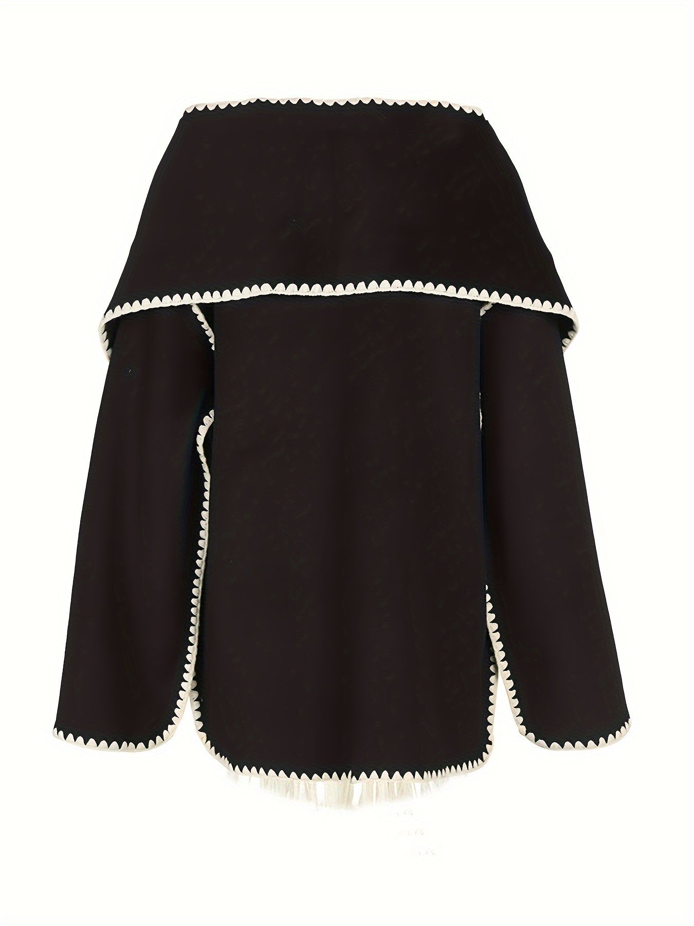 vlovelaw Contrast Trim Tassel Coat, Elegant Long Sleeve Button Front Outerwear, Women's Clothing