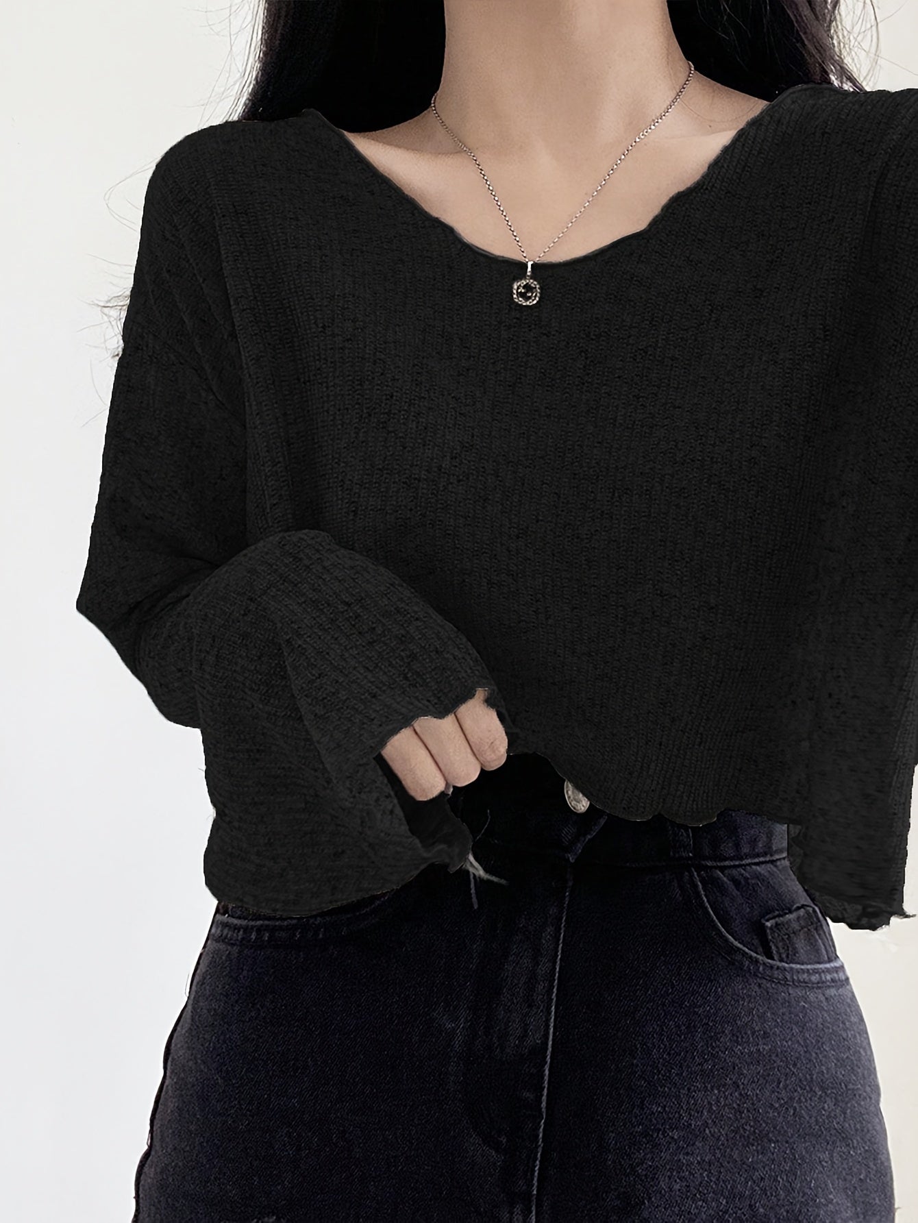 vlovelaw Solid Boat Neck Crop T-Shirt, Casual Long Sleeve T-Shirt For Spring & Fall, Women's Clothing