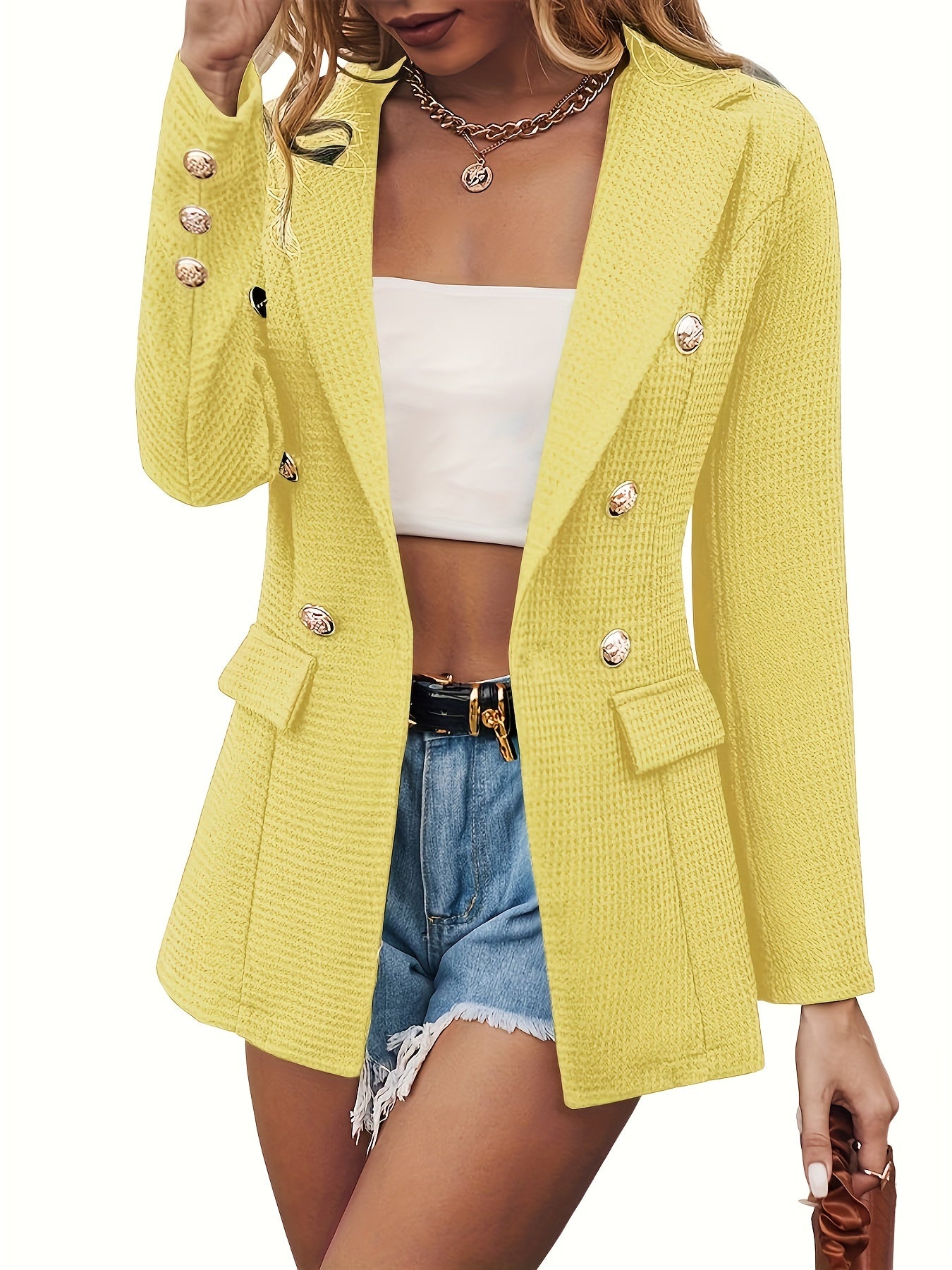 vlovelaw Lapel Double Breasted Blazer, Elegant Long Sleeve Work Office Outerwear With Pockets, Women's Clothing