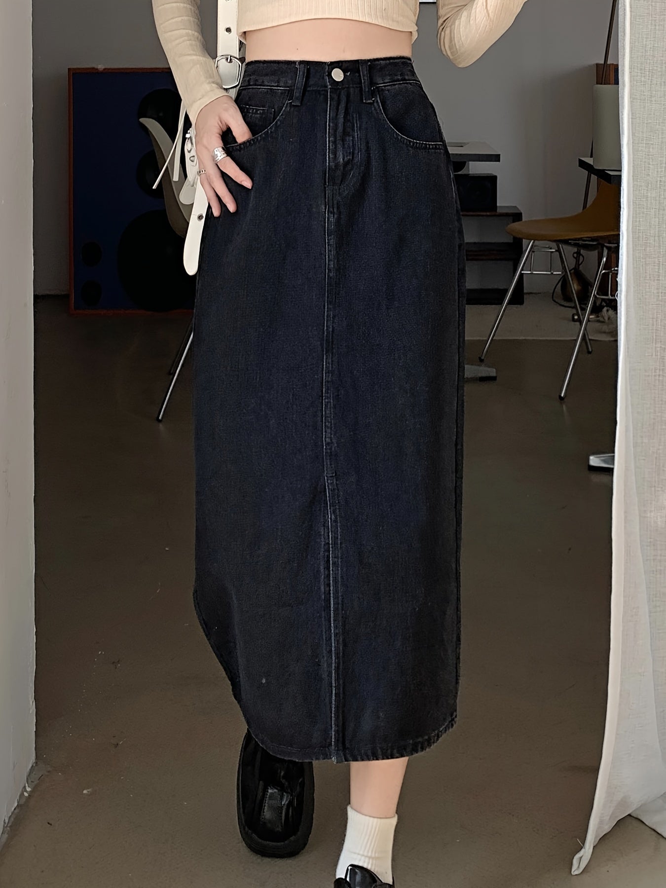 vlovelaw Split Front Plain Black Denim Skirt, High Rise Casual Maxi Denim Skirt, Women's Denim Jeans & Clothing