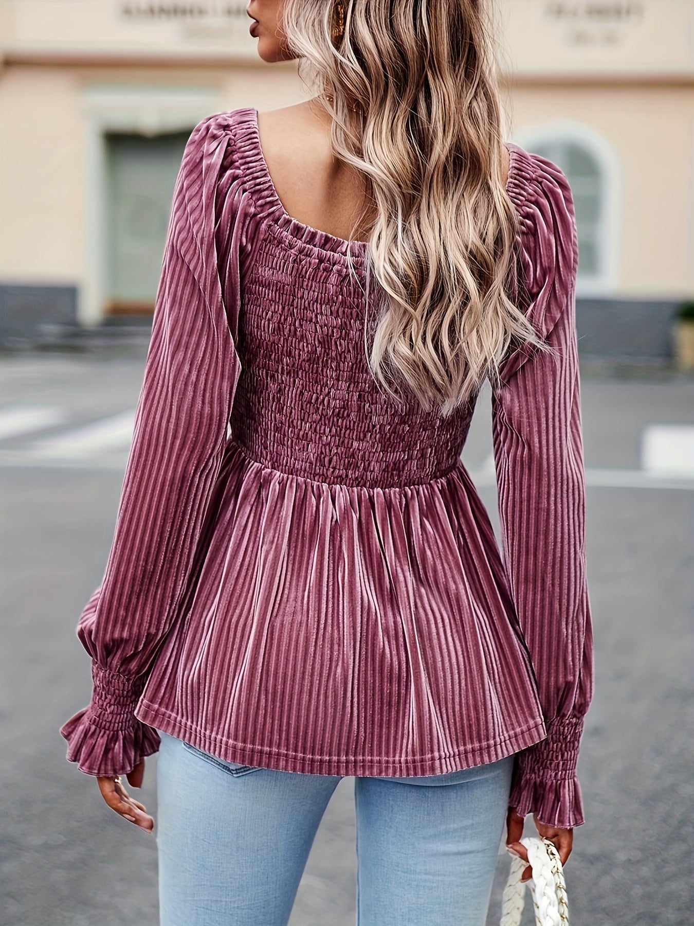 vlovelaw Shirred Velvet Square Neck T-Shirt, Elegant Long Sleeve Top For Spring & Fall, Women's Clothing