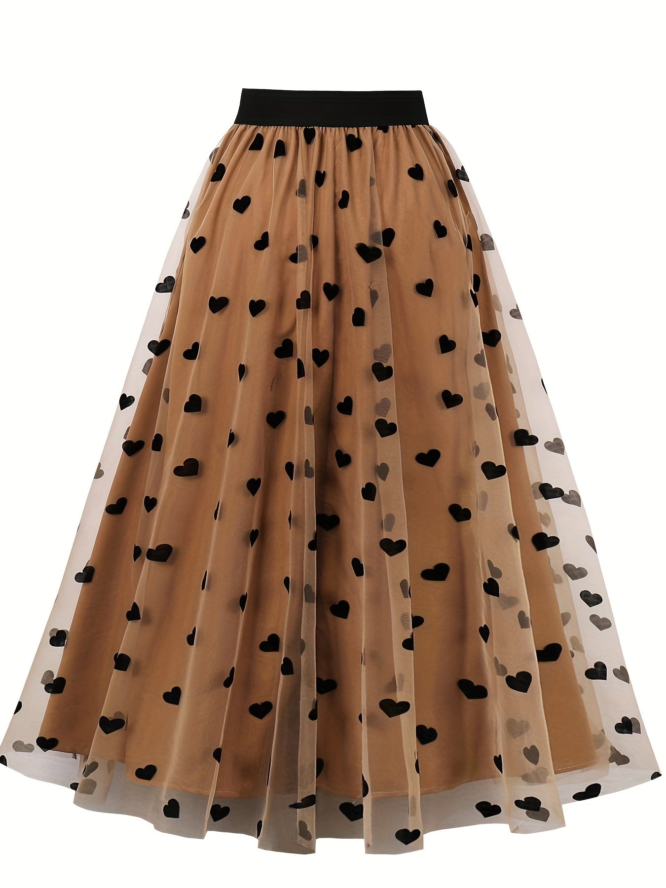 vlovelaw Heart Print Mesh Overlay Skirt, Elegant Skirt For Spring & Summer, Women's Clothing