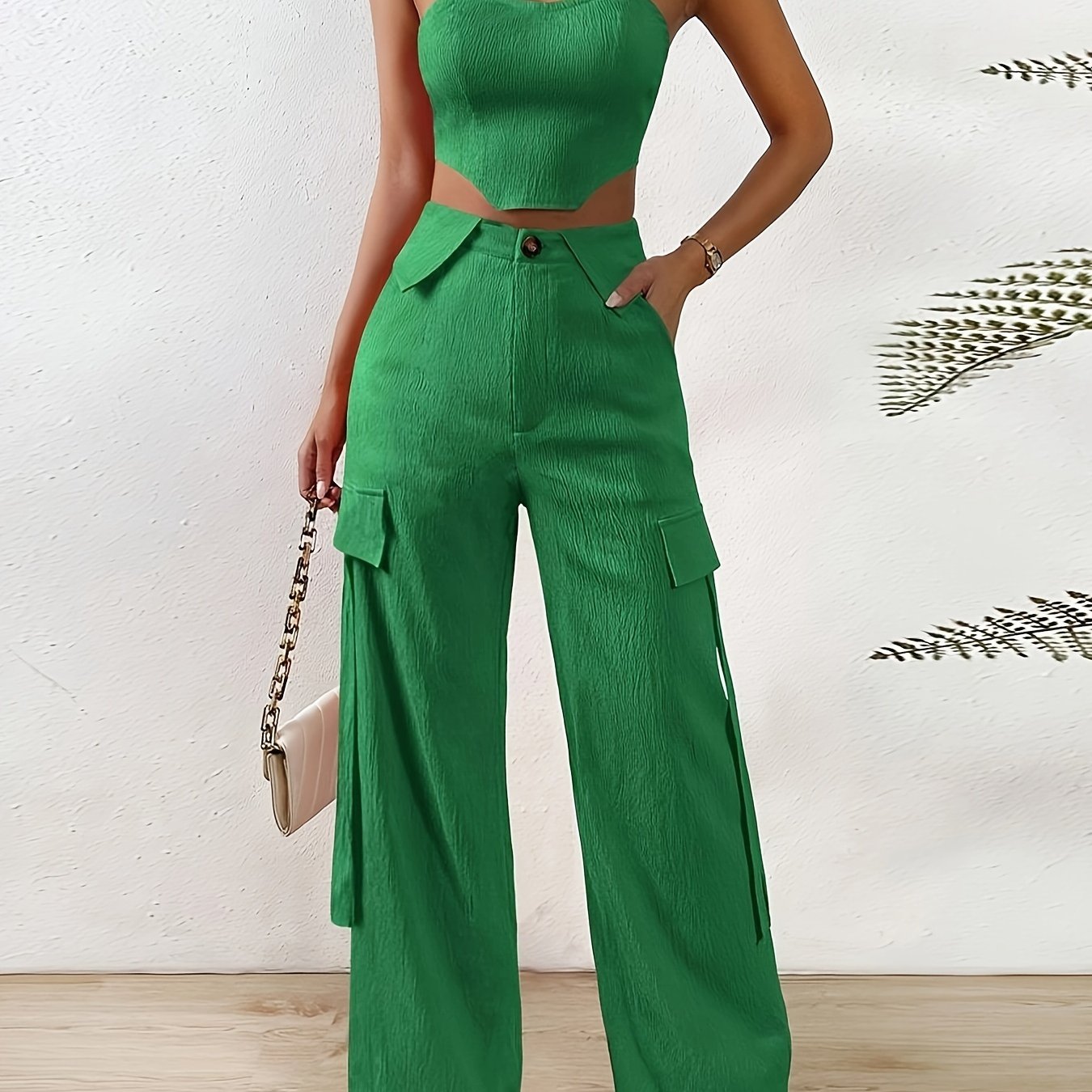 vlovelaw Solid Color Two-piece Set, Tie Back Tube Top & Button Long Pants Outfits, Women's Clothing