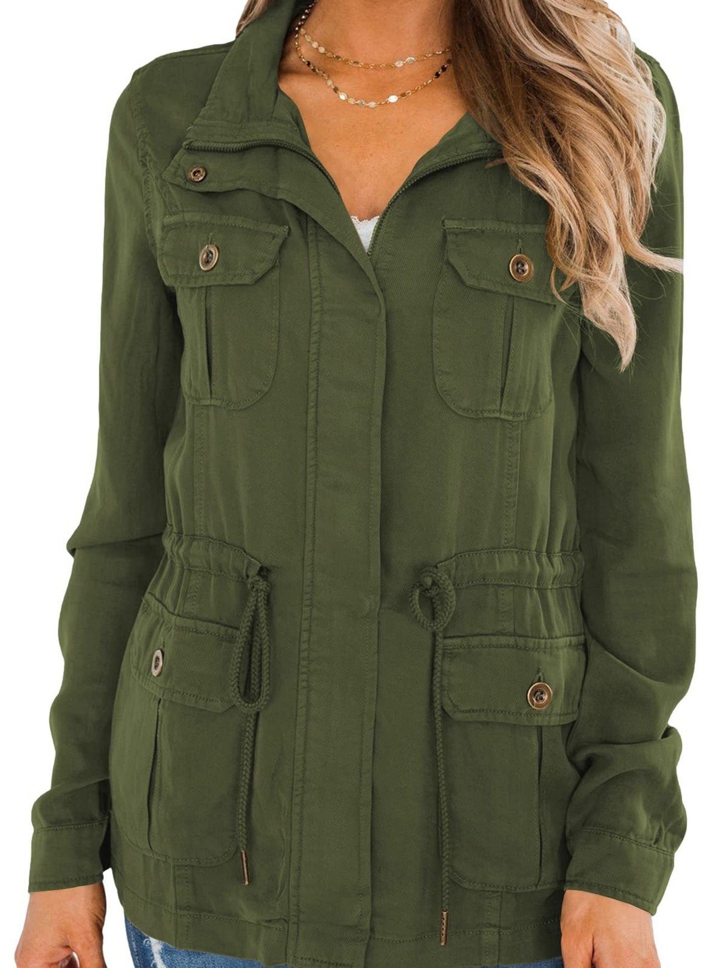 Casual Pockets Fashion Jacket, Lapel Long Sleeve Loose Waist Drawstring Outerwear, Women's Clothing