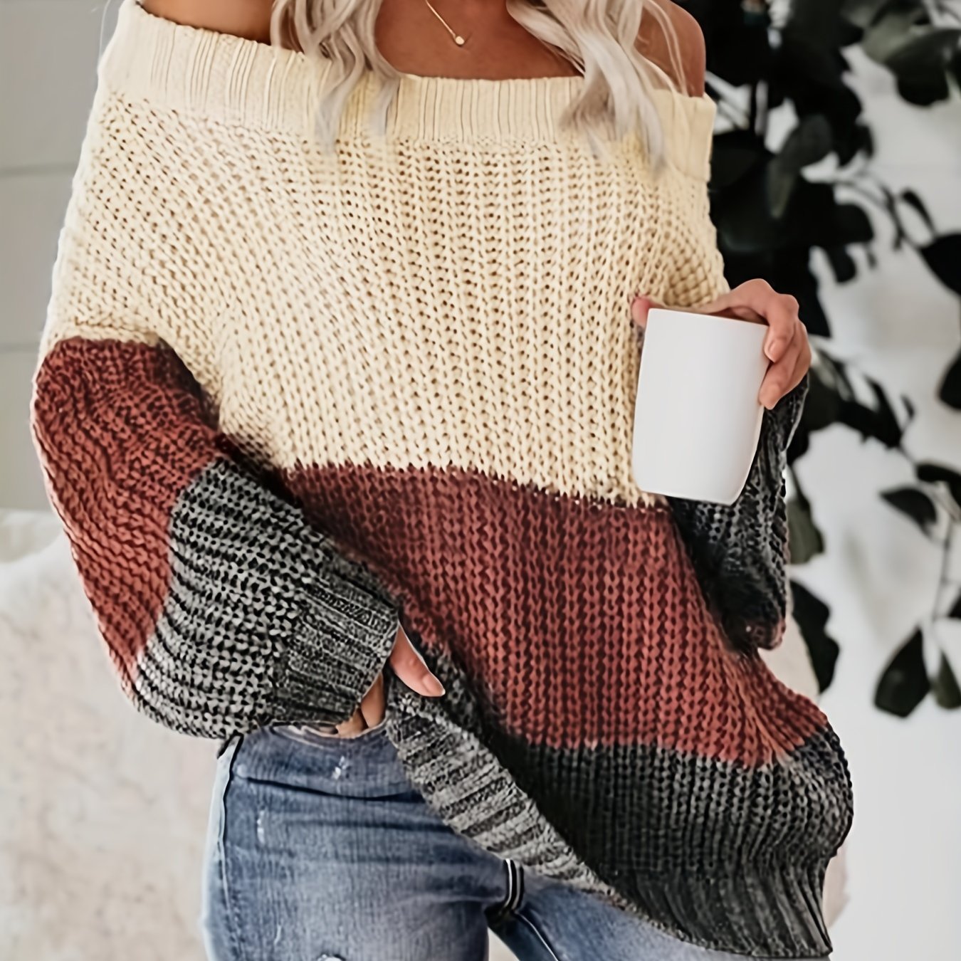 Off Shoulder Color Block Knit Sweater, Casual Loose Long Sleeve Sweater, Women's Clothing