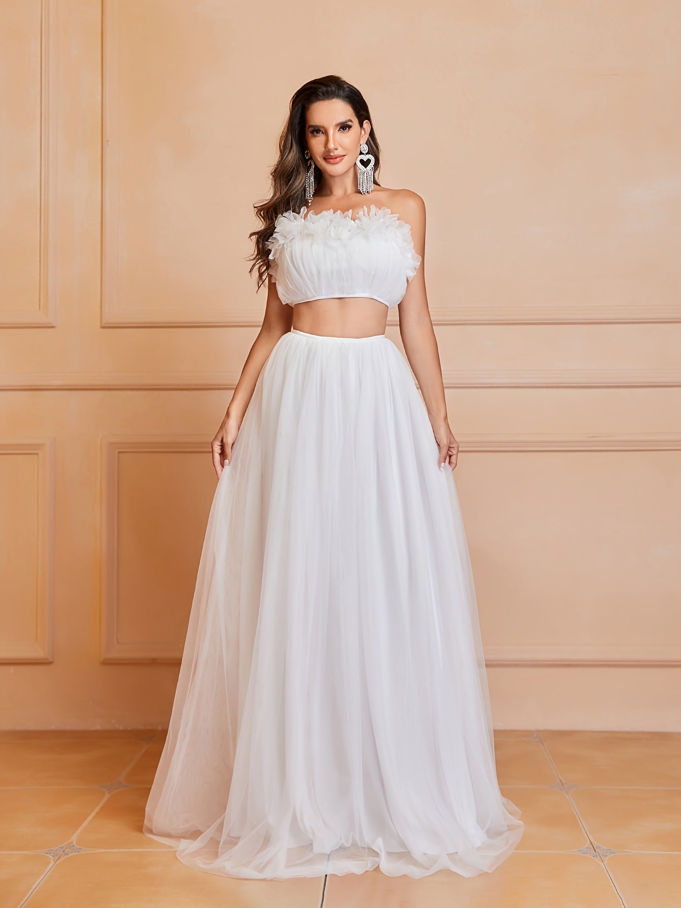 vlovelaw Mesh Ruffle Trim Matching Two-piece Skirt Set, Elegant Crop Sleeveless Tube Top & High Waist Loose Skirt Outfits, Women's Clothing