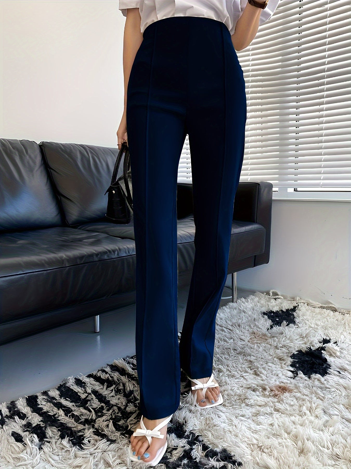 vlovelaw Solid Slim Pintuck Pants, Casual High Waist Pants, Women's Clothing