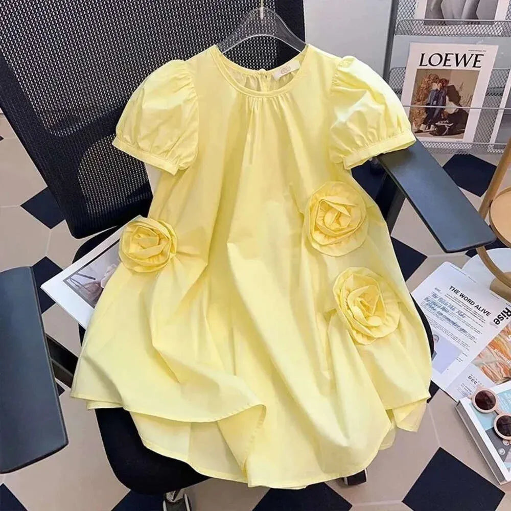2-14 Years Summer Teen-agers Girls Solid Color Flower Decoration Party Dress For Kids Children Birthday Present L2405