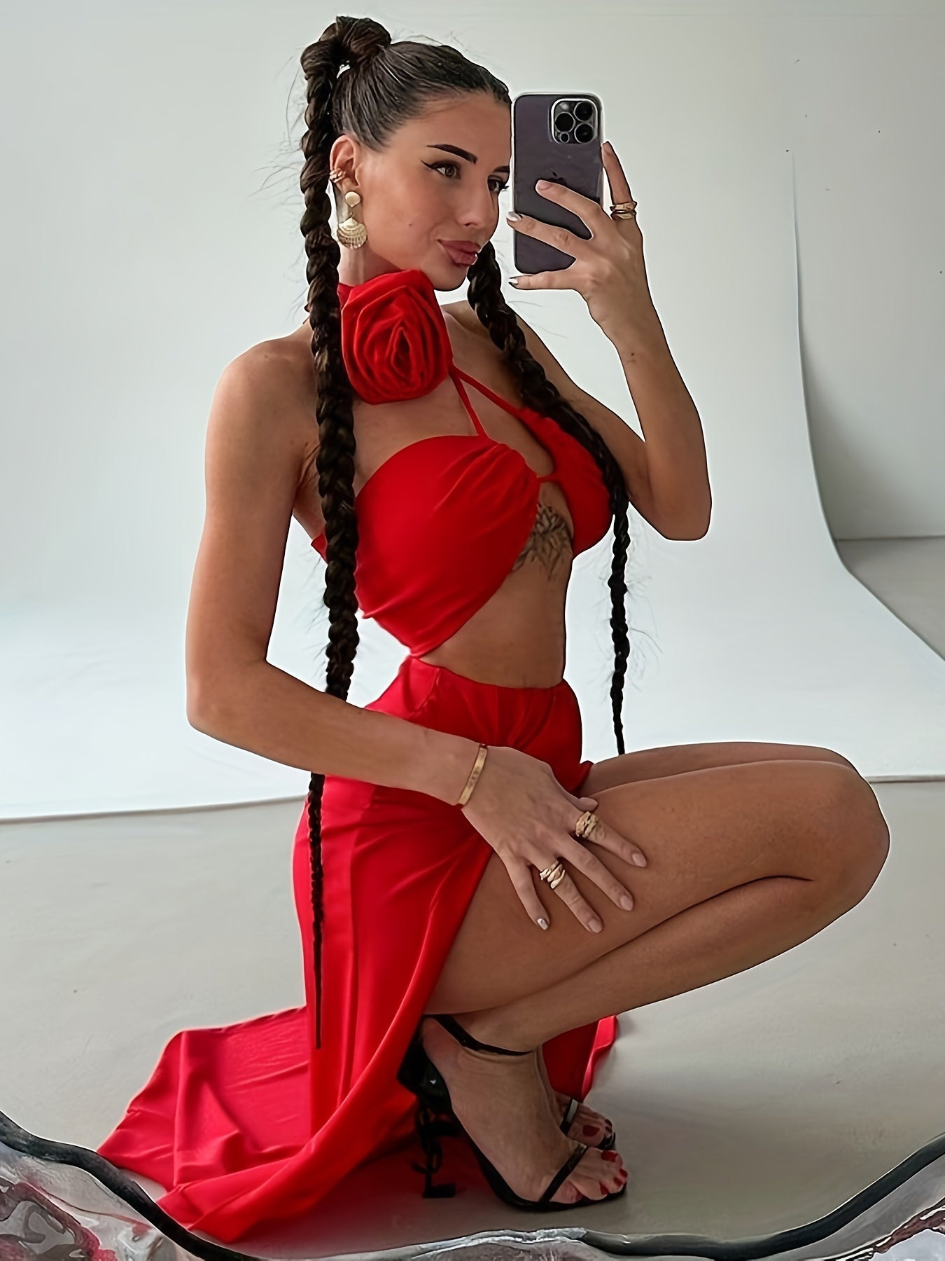 vlovelaw Solid Color Two-piece Skirt Set, Stereo Flower Decor Lace Up Top & Split Skirt Outfits, Women's Clothing