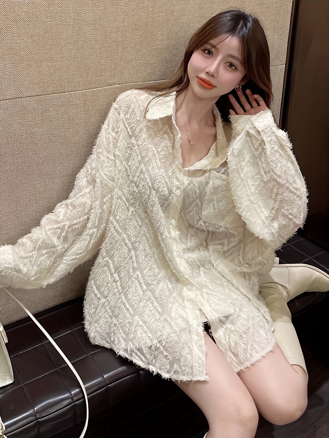 Geo Pattern Button Front Pocket Shirt, Versatile Long Sleeve Shirt For Spring & Fall, Women's Clothing