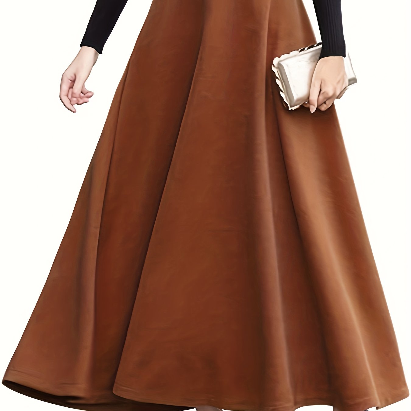 Plus Size Elegant Skirt, Women's Plus Solid High Rise Swing A-line Maxi Woolen Skirt