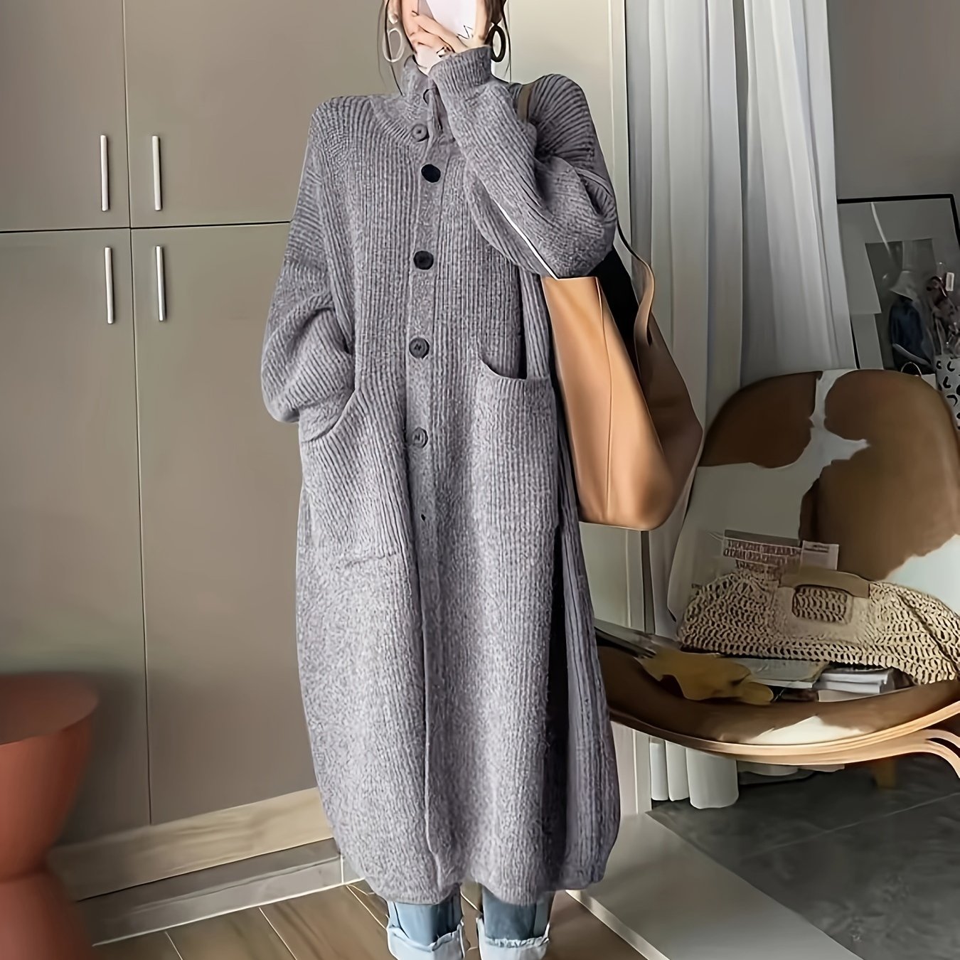 Solid Button Front Turtle Neck Cardigan, Casual Long Sleeve Pocket Oversized Sweater Overcoat, Women's Clothing