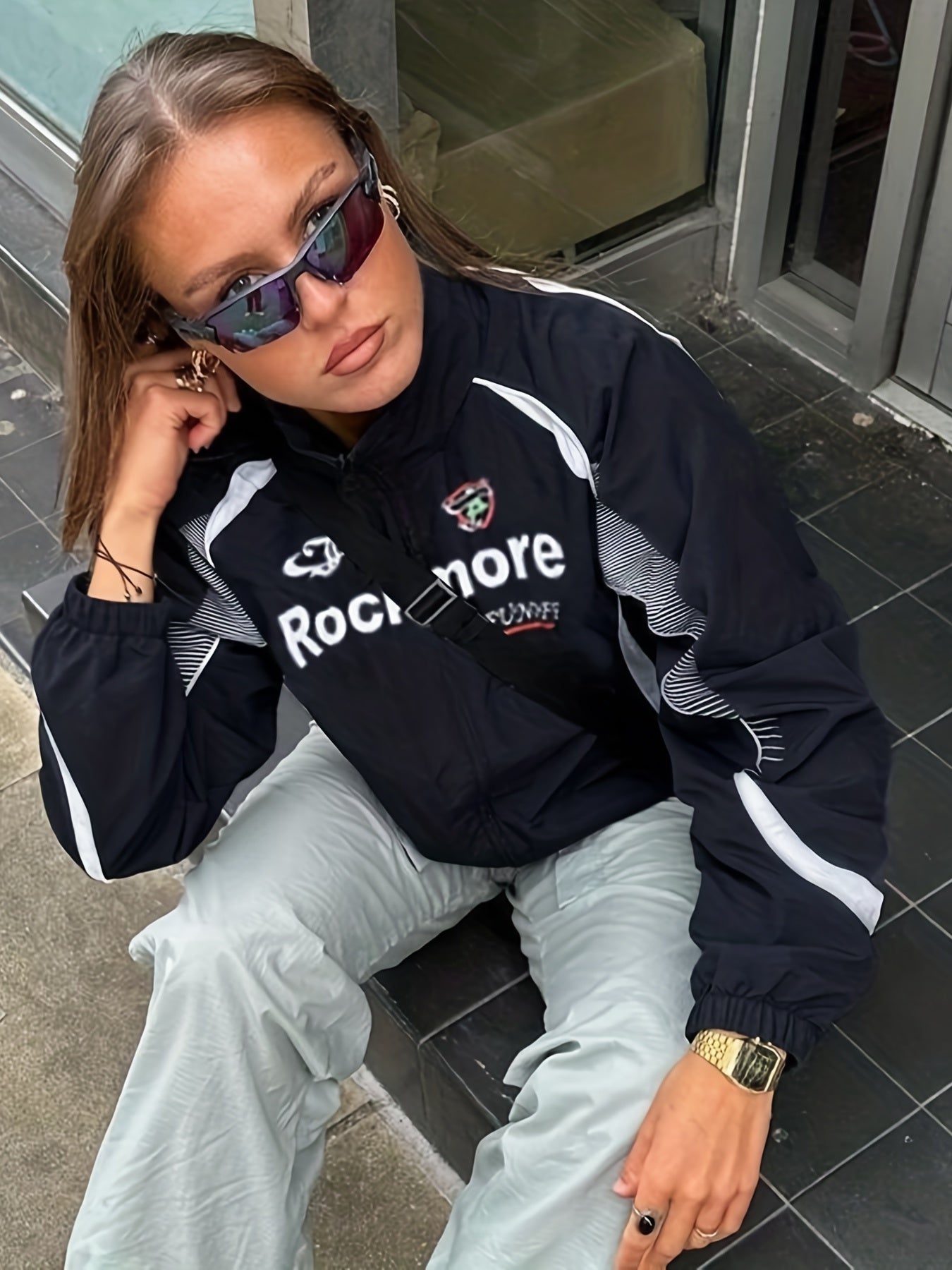 Letter Print High Neck Jacket, Streetwear Zip Up Long Sleeve Outerwear, Women's Clothing