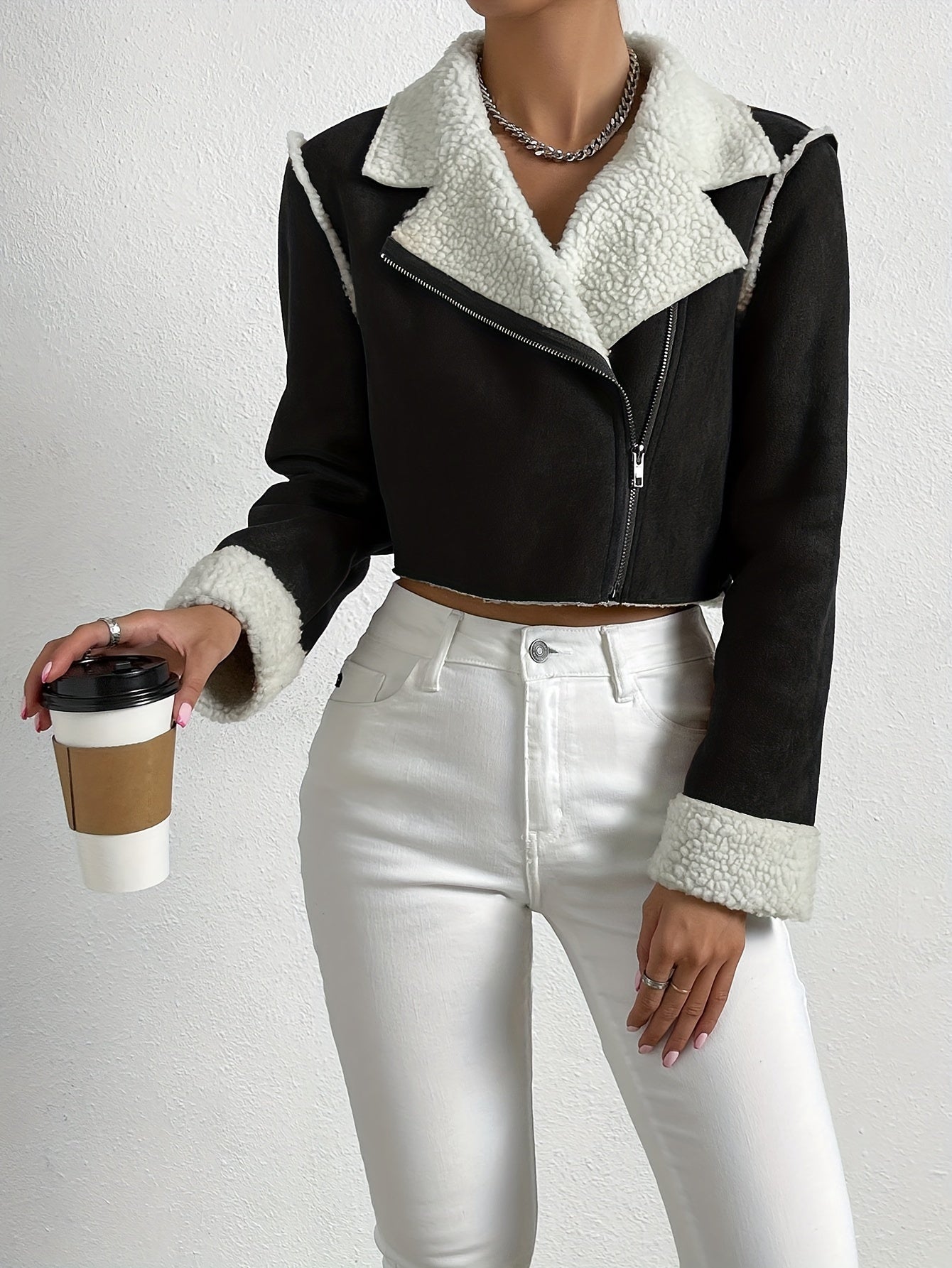 vlovelaw Teddy Slanted Zipper Coat, Casual Long Sleeve Fall & Winter Jacket, Women's Clothing