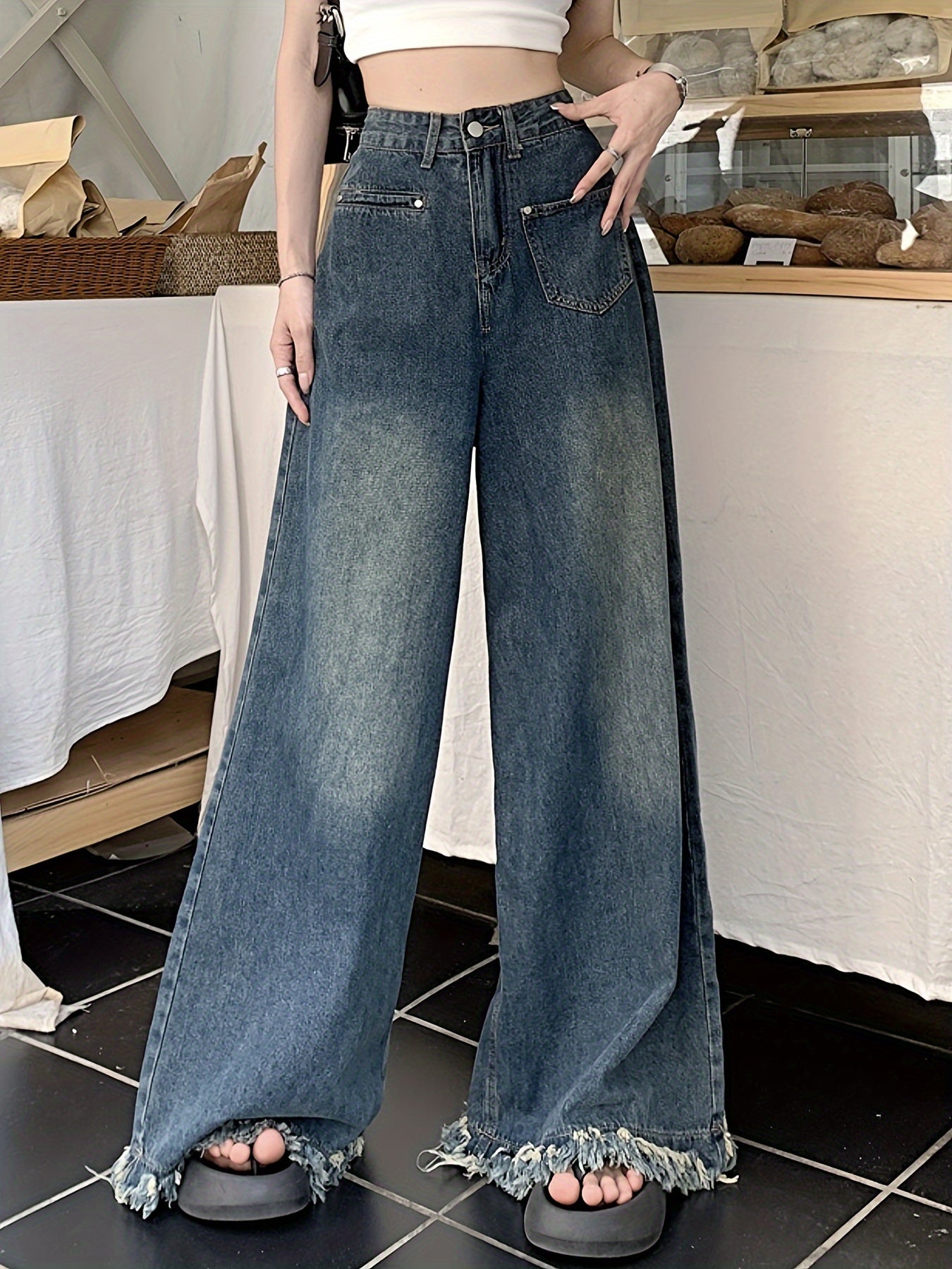 Frayed Hem Washed Baggy Jeans, High Waist Loose Fit Retro Style Wide Legs Jeans, Women's Denim Jeans & Clothing