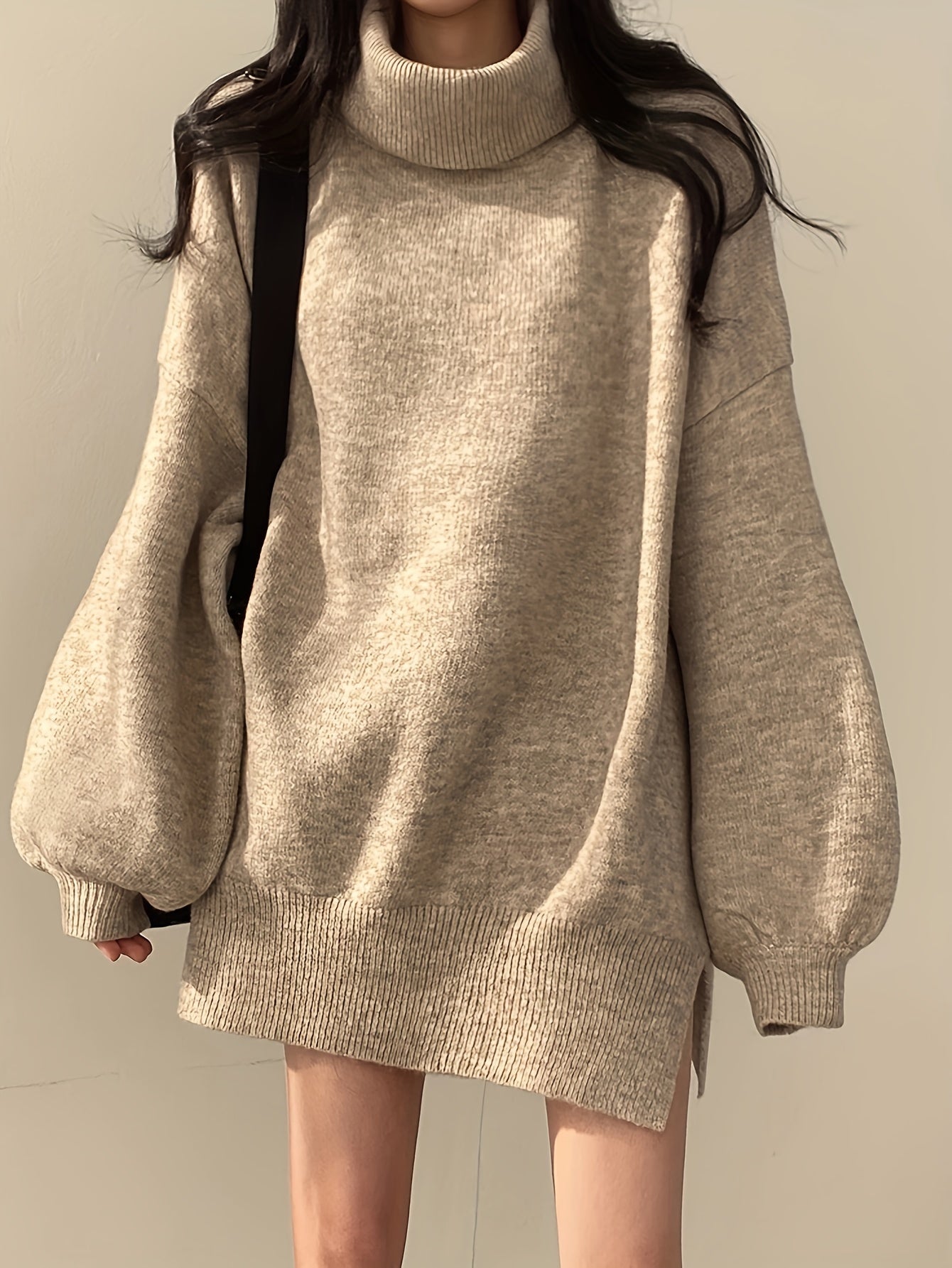 vlovelaw Solid Turtle Neck Oversized Sweater, Casual Long Sleeve Split Sweater, Women's Clothing