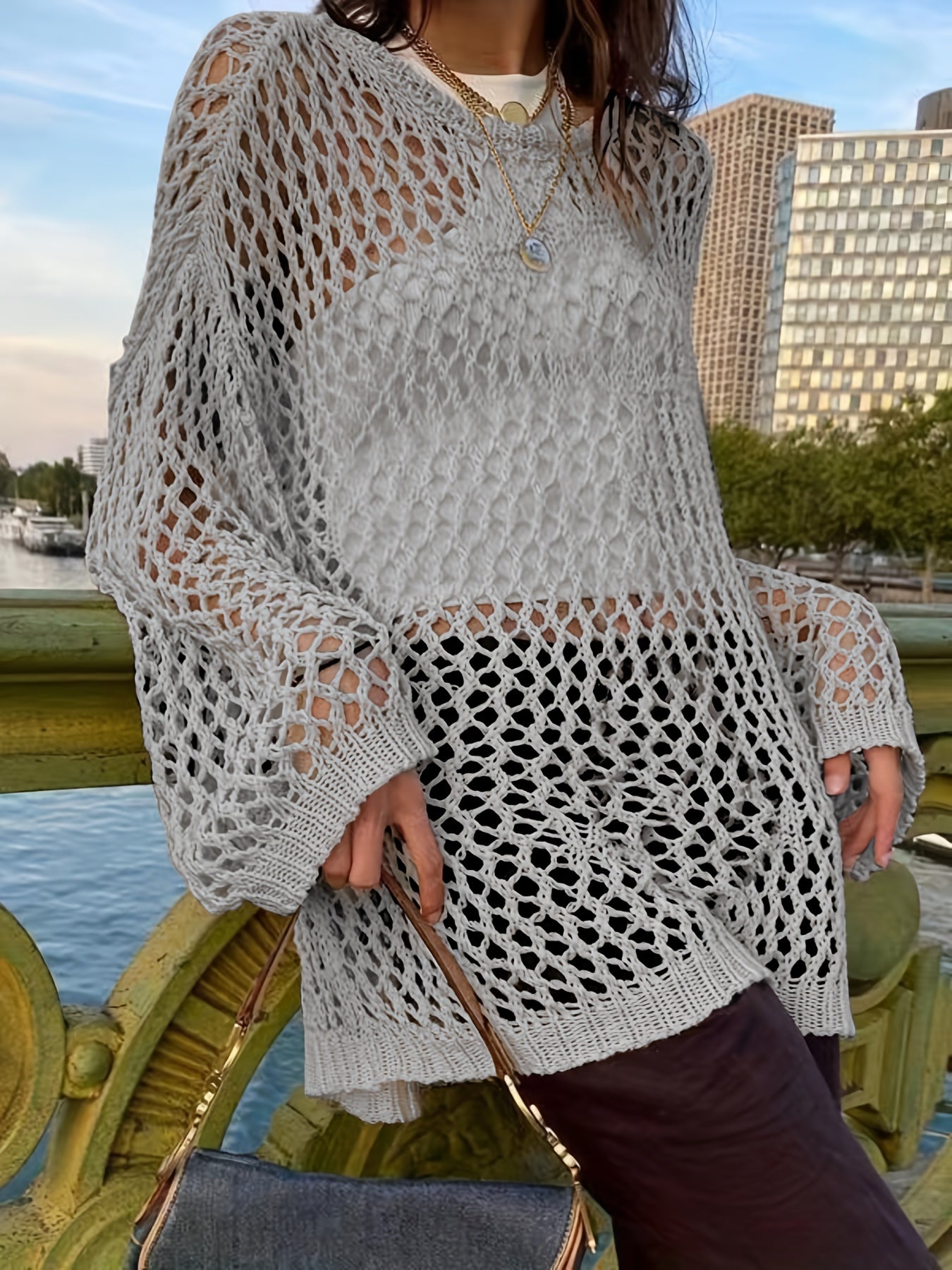 vlovelaw Crochet Cut Out Cover Up Top, Y2K Long Sleeve Crew Neck Top, Women's Clothing