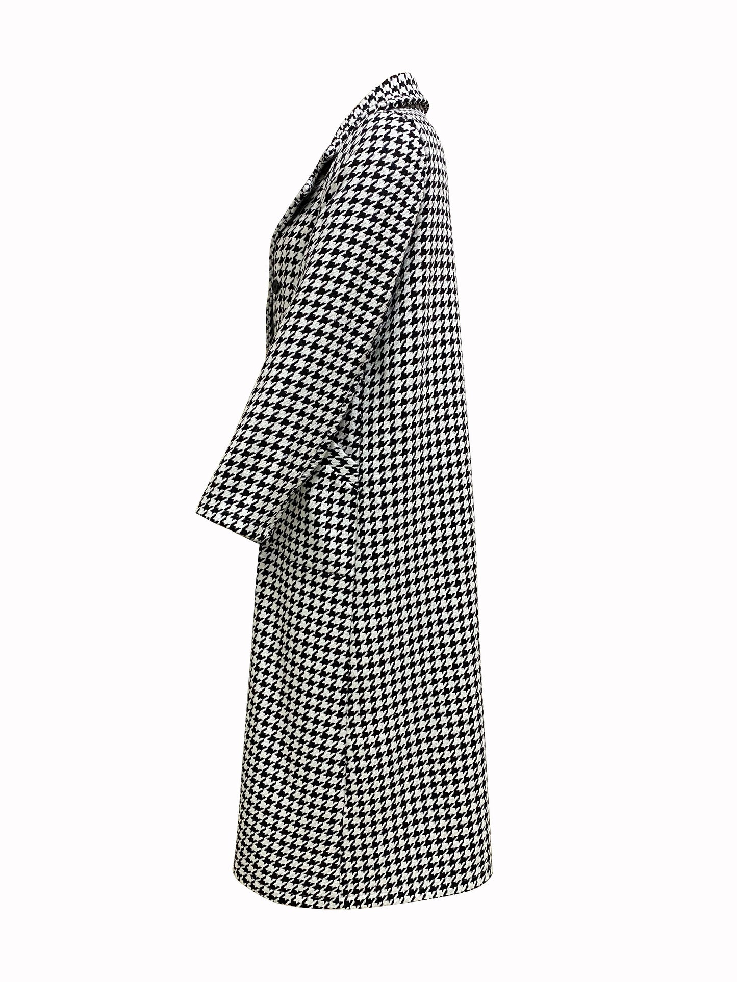 Houndstooth Print Pea Coat, Elegant Double Breasted Long Sleeve Outerwear, Women's Clothing