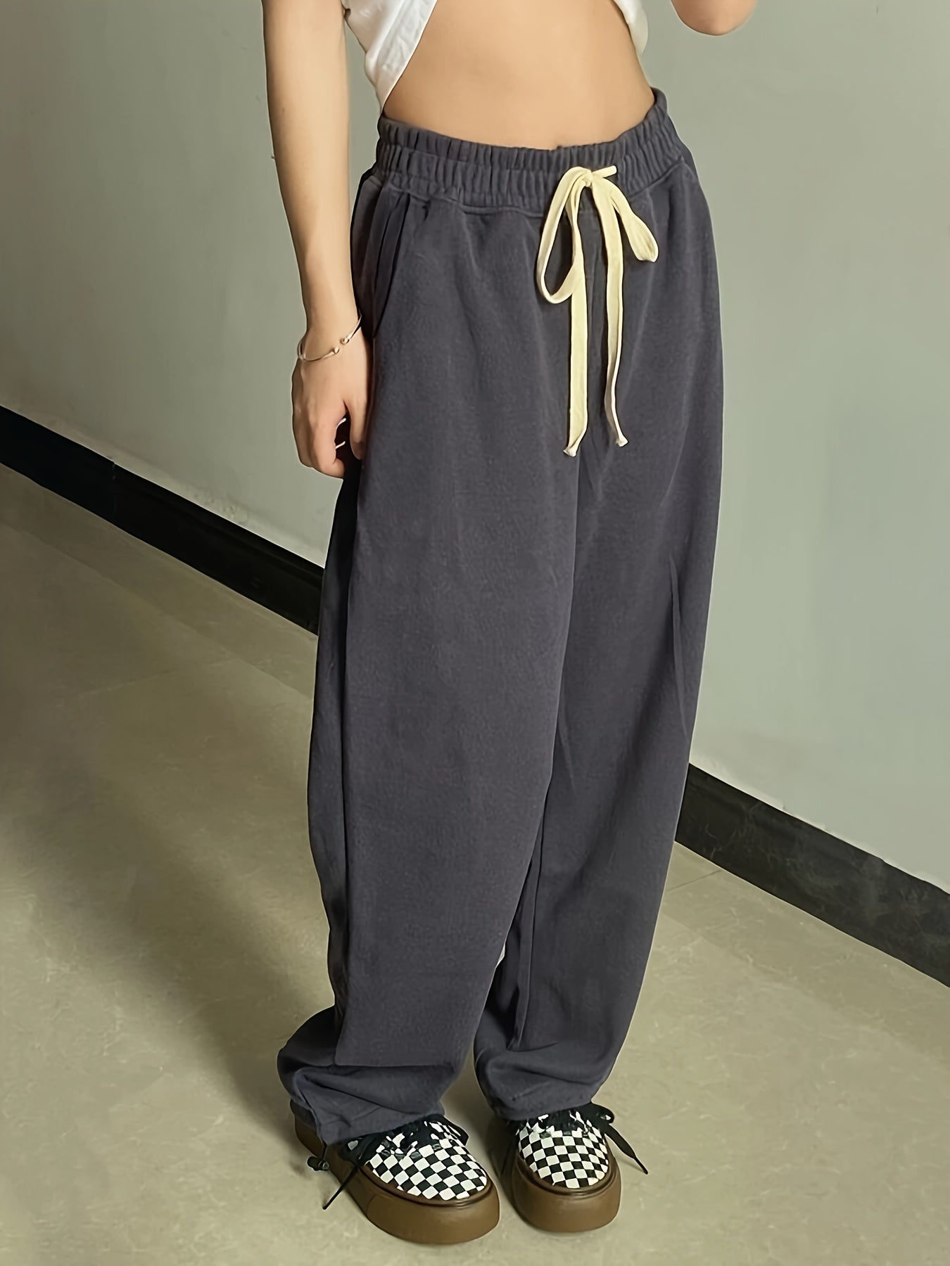 vlovelaw Solid Drawstring Baggy Pants, Casual Slant Pocket Long Length Pants, Women's Clothing