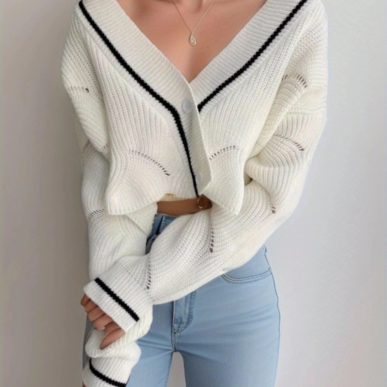 Stylish Button Down Knit Cardigan, Elegant Long Sleeve Crop Sweater, Women's Clothing