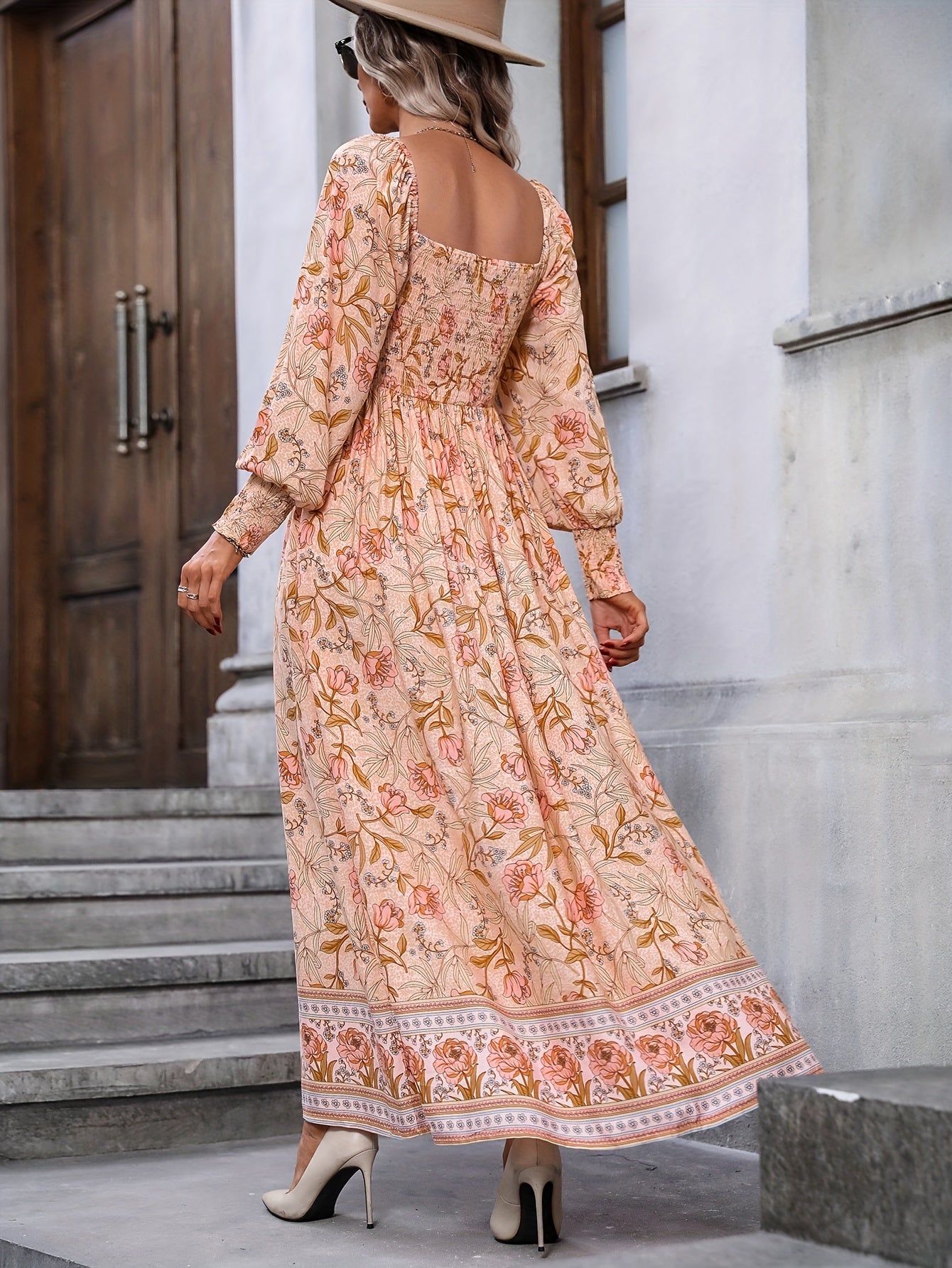 vlovelaw Floral Print Shirred Dress, Boho High Waist Long Sleeve Maxi Dress, Women's Clothing
