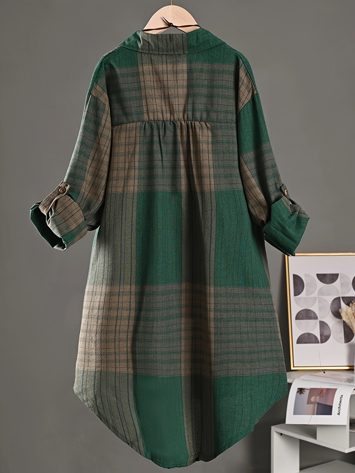 Colorblock Plaid Print Polo Collar Shirt, Casual Pocket Long Sleeve Shirt For Spring & Fall, Women's Clothing