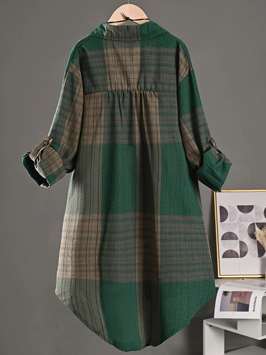 Colorblock Plaid Print Polo Collar Shirt, Casual Pocket Long Sleeve Shirt For Spring & Fall, Women's Clothing