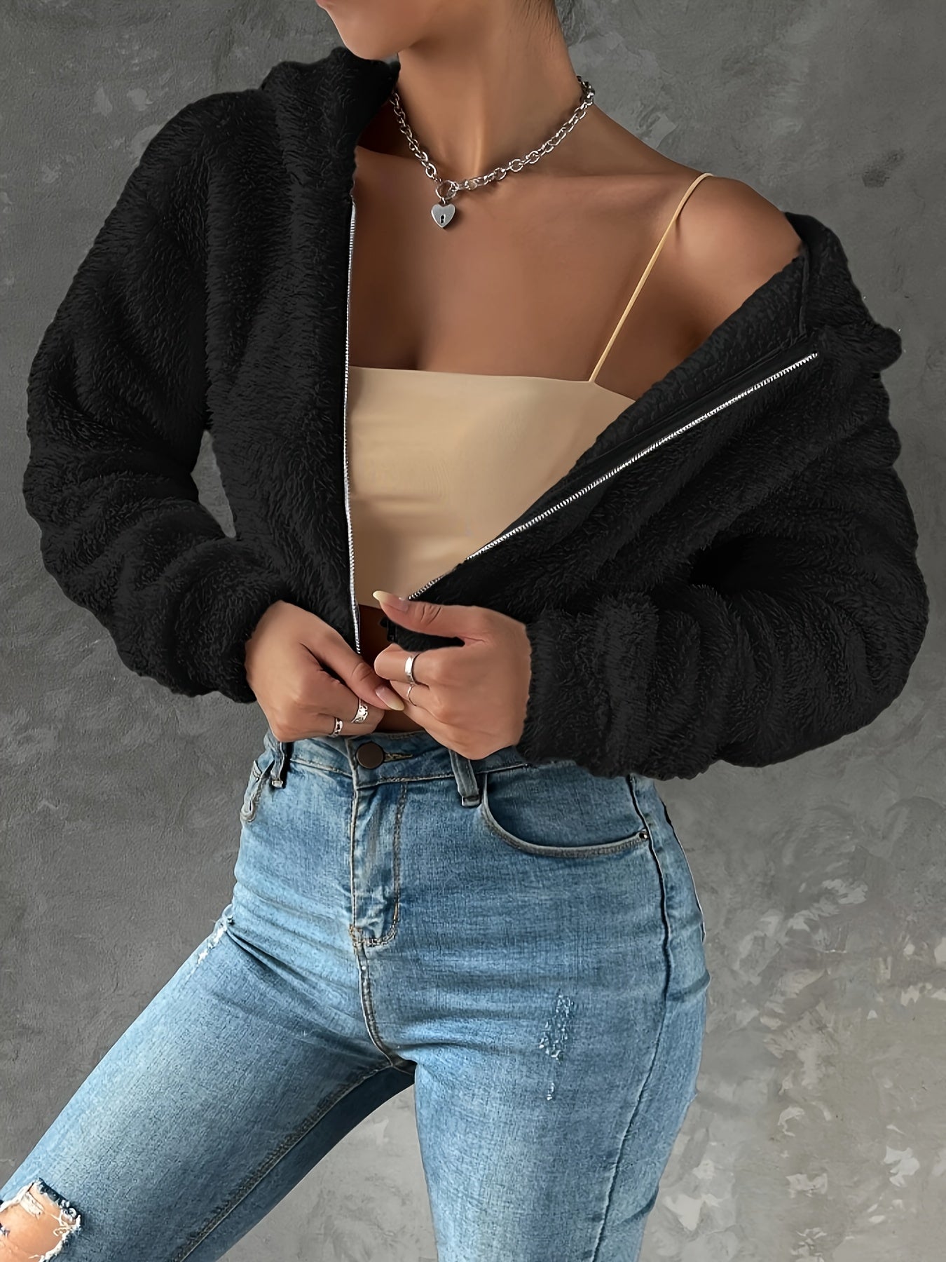 vlovelaw Solid Color Zip-up Teddy Hoodie, Casual Long Sleeve Hoodie Jacket, Women's Clothing