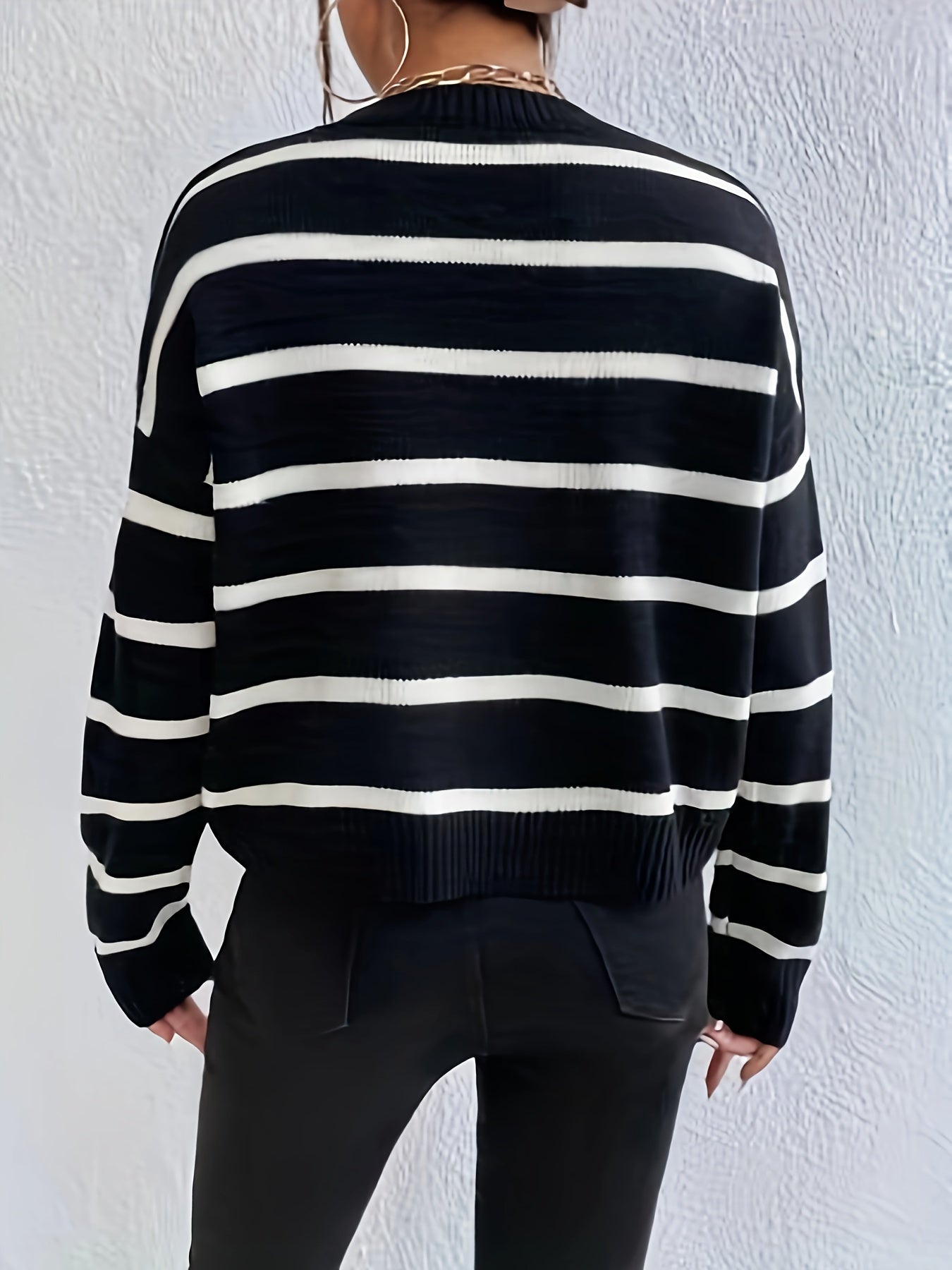 vlovelaw Striped Crew Neck Pullover Sweater, Casual Long Sleeve Drop Shoulder Sweater, Women's Clothing