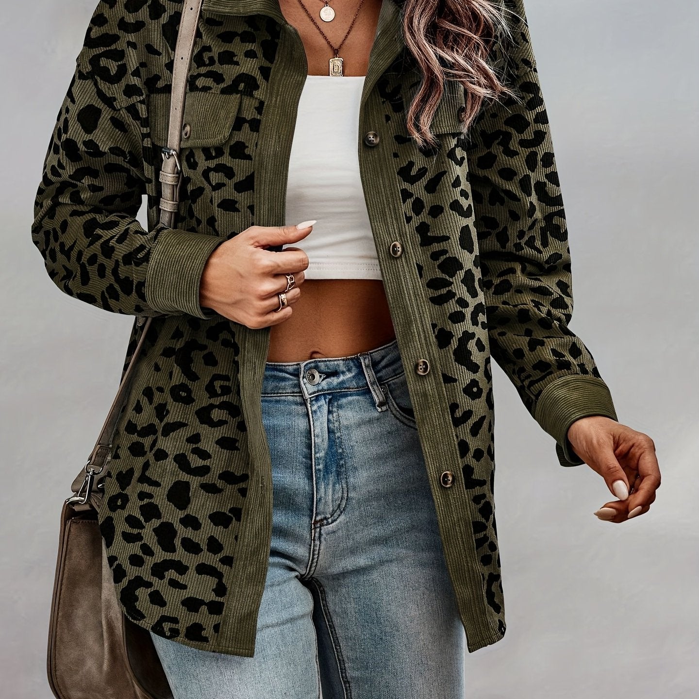 vlovelaw Leopard Print Shacket Jacket, Casual Button Front Turn Down Collar Long Sleeve Outerwear, Women's Clothing